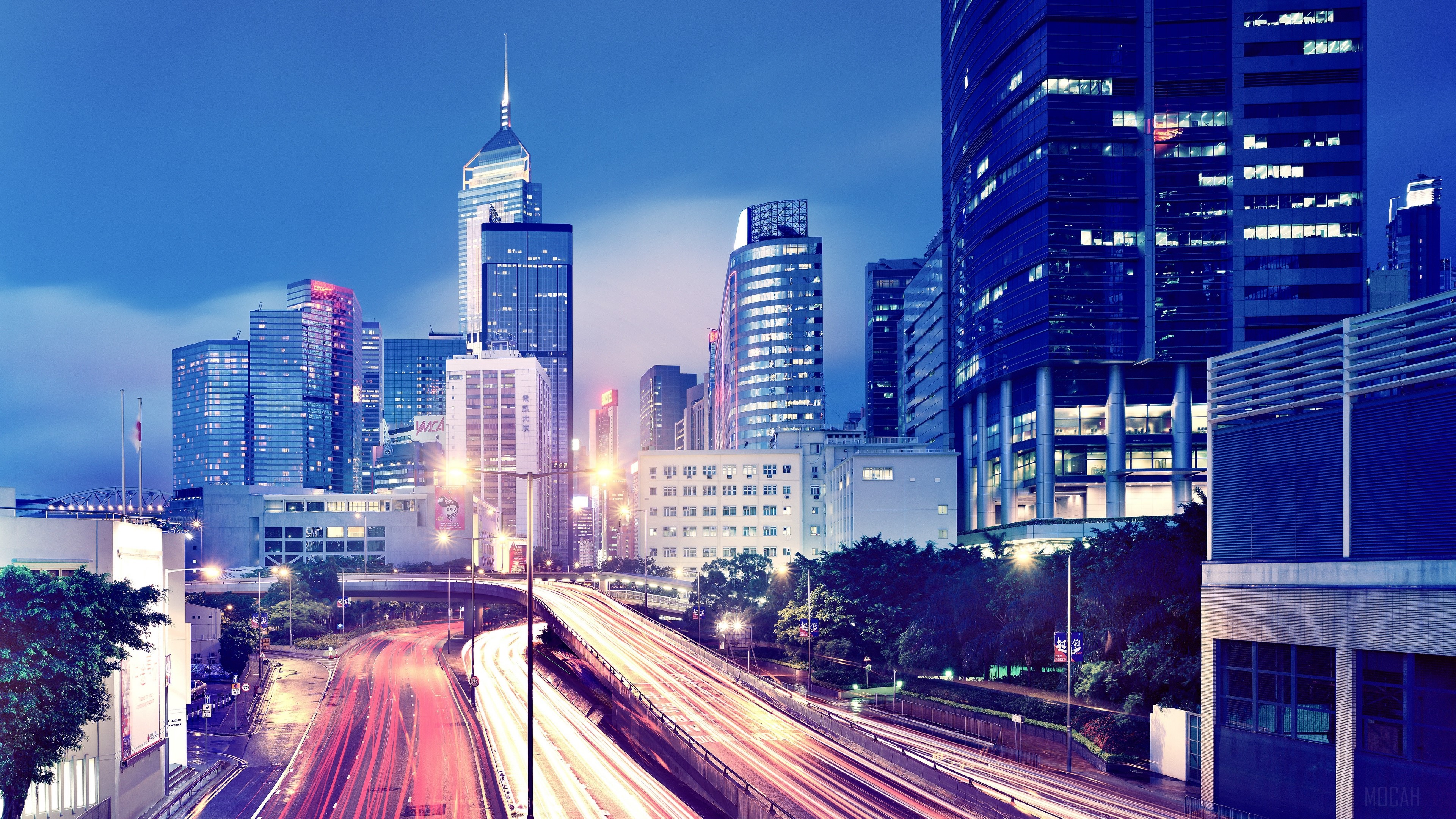 Hong Kong skyscrapers and roads at night 4K HD Wallpaper