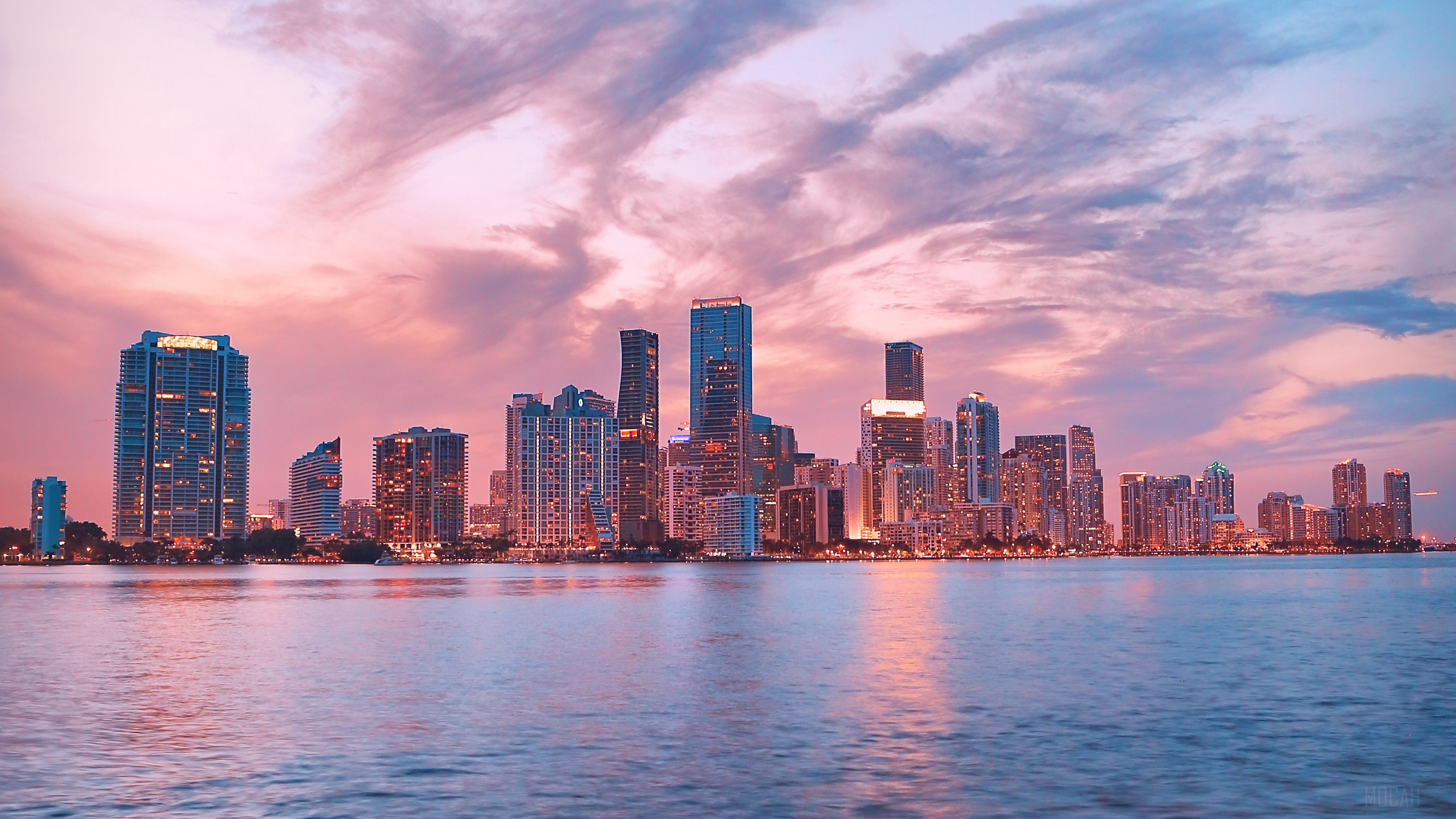 Miami Skyline at Sunset with City Lights and 4K Detail HD Wallpaper