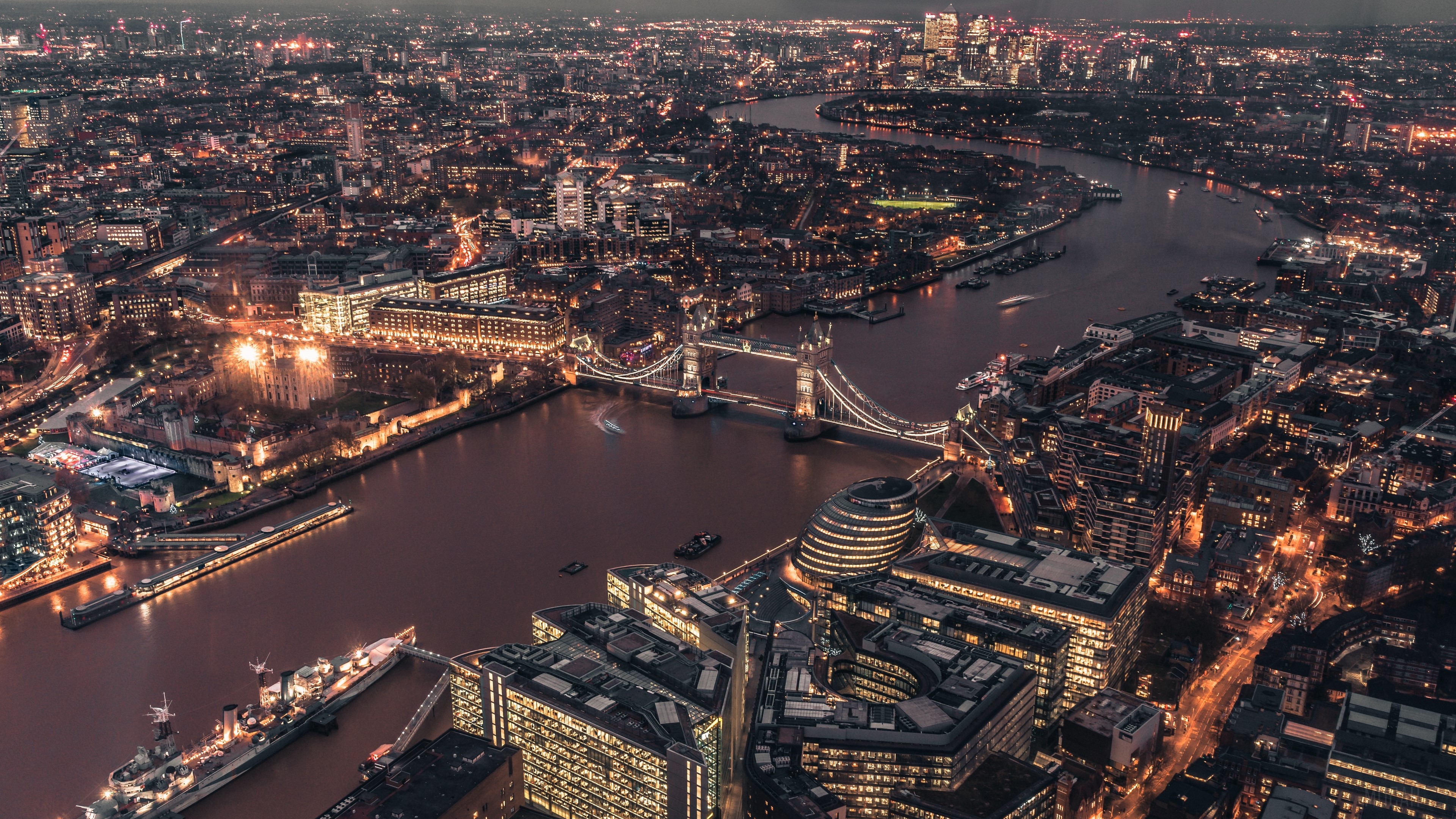Aerial view of London at night with Tower Bridge HD Wallpaper