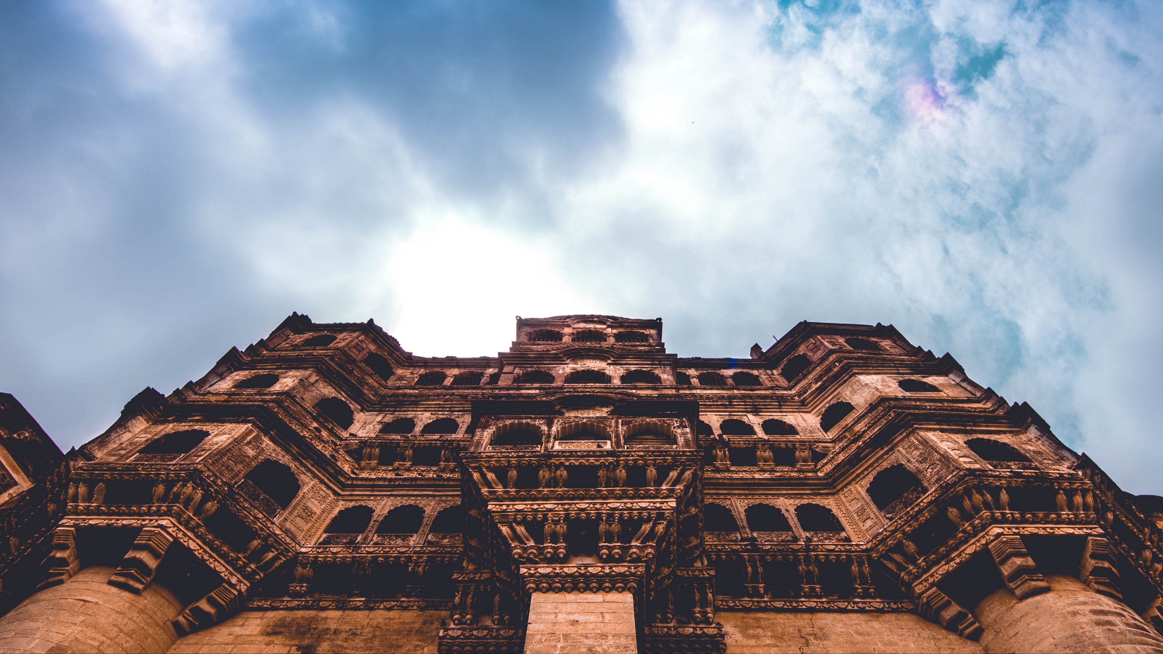 Ancient building facade from below, 4K HD Wallpaper
