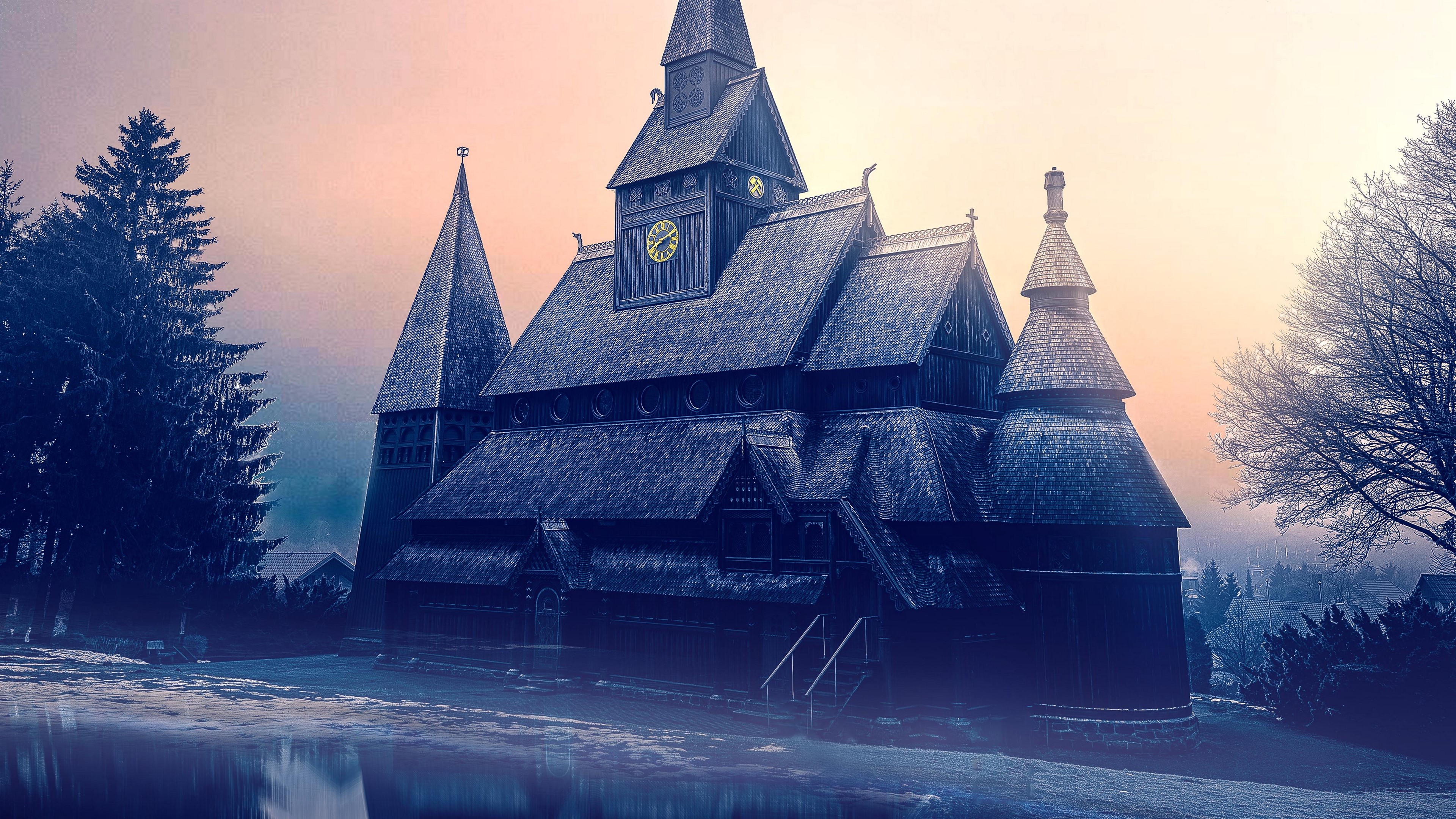 Old wooden church with clock tower and reflection HD Wallpaper