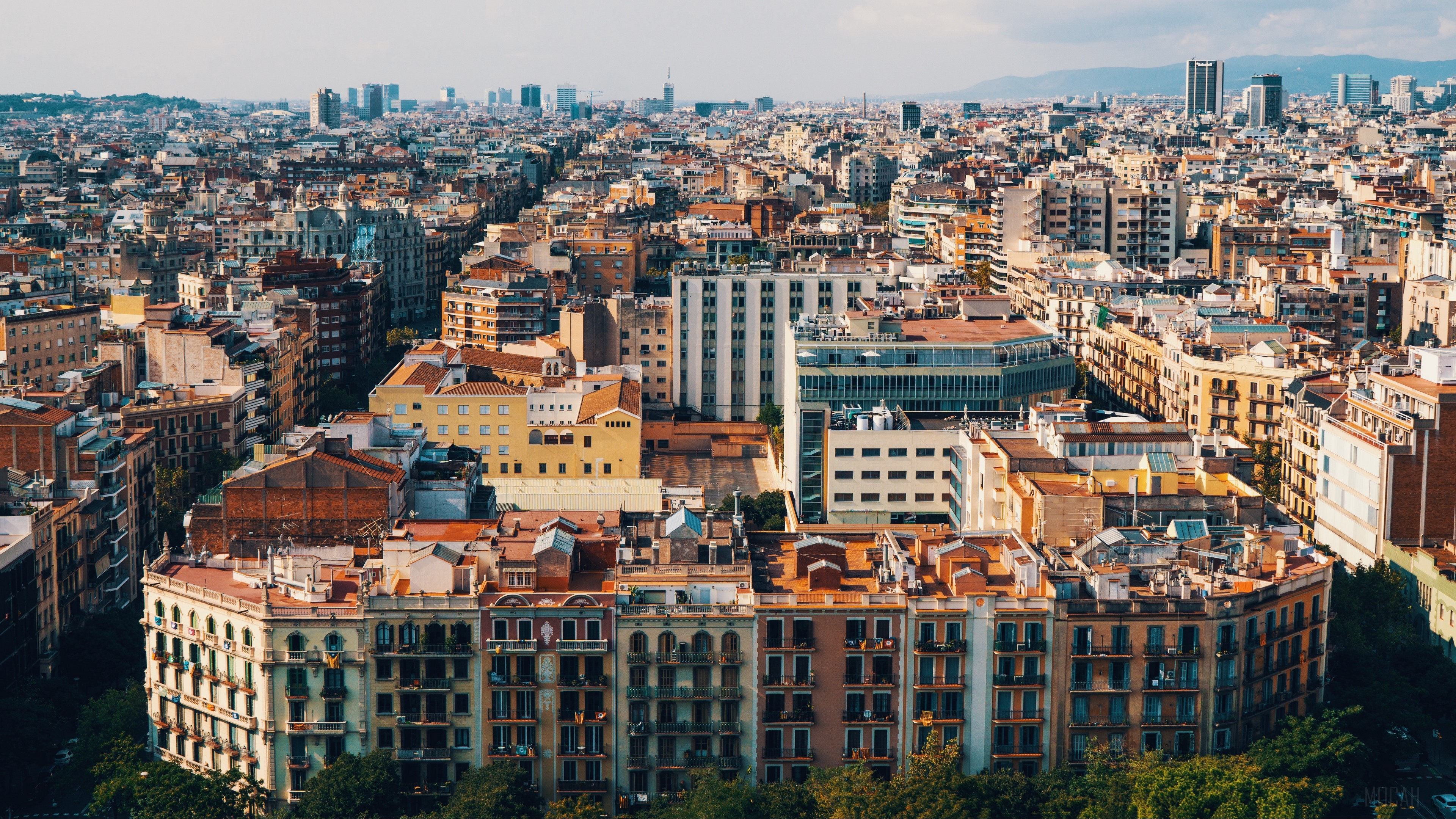 Aerial view of a dense European city with many buildings HD Wallpaper