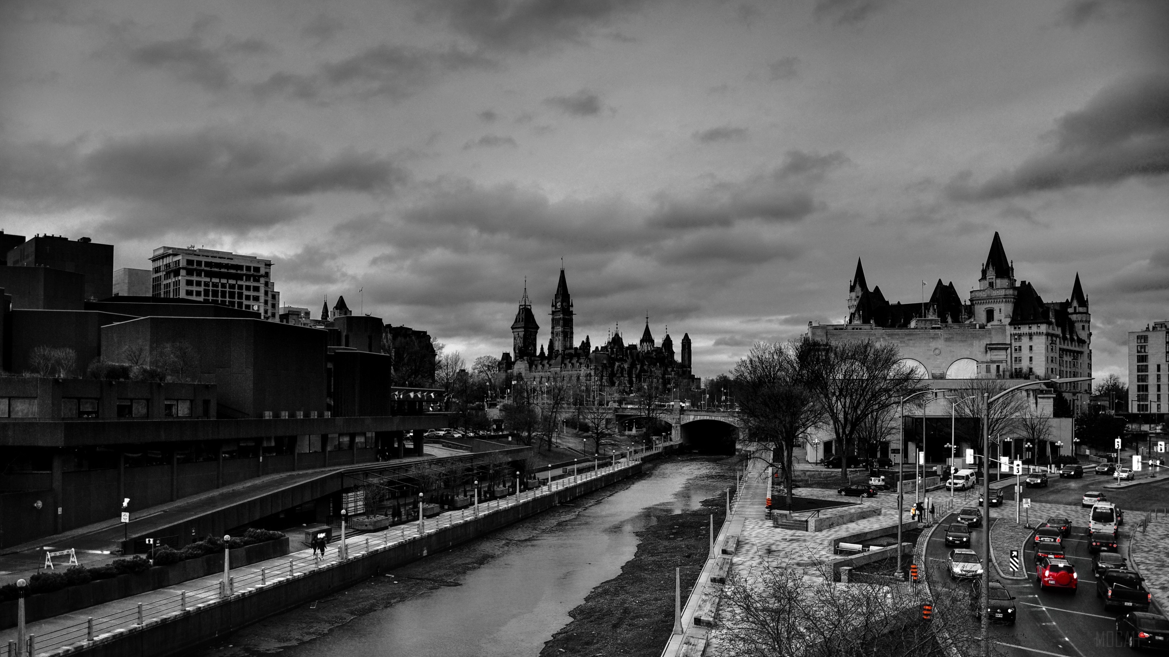 River and bridge with buildings and cloudy sky HD Wallpaper
