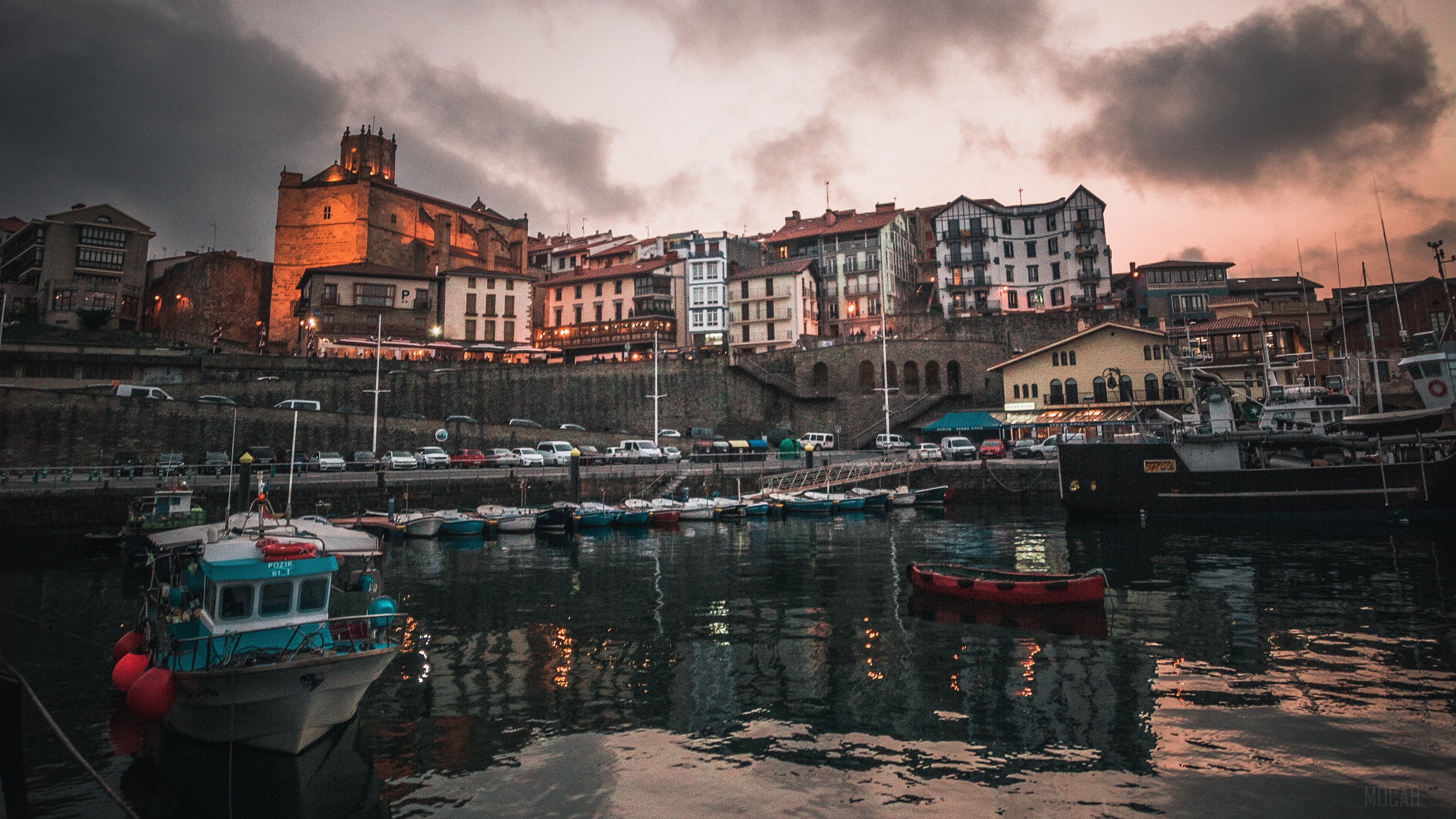 Fishing town with boats and buildings in Spain 4K HD Wallpaper
