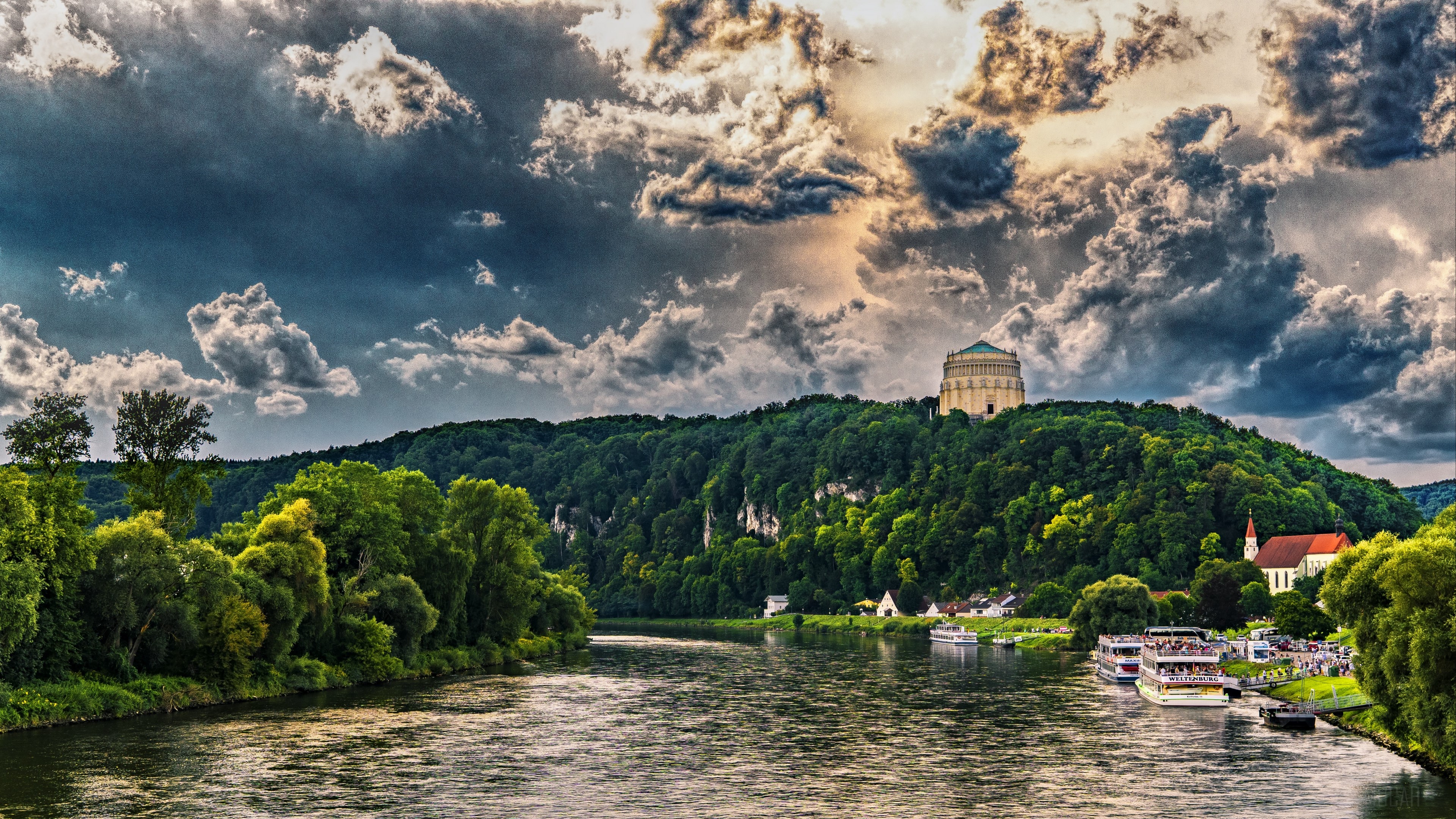 Bavaria river with trees, sky, and HDR 4K HD Wallpaper