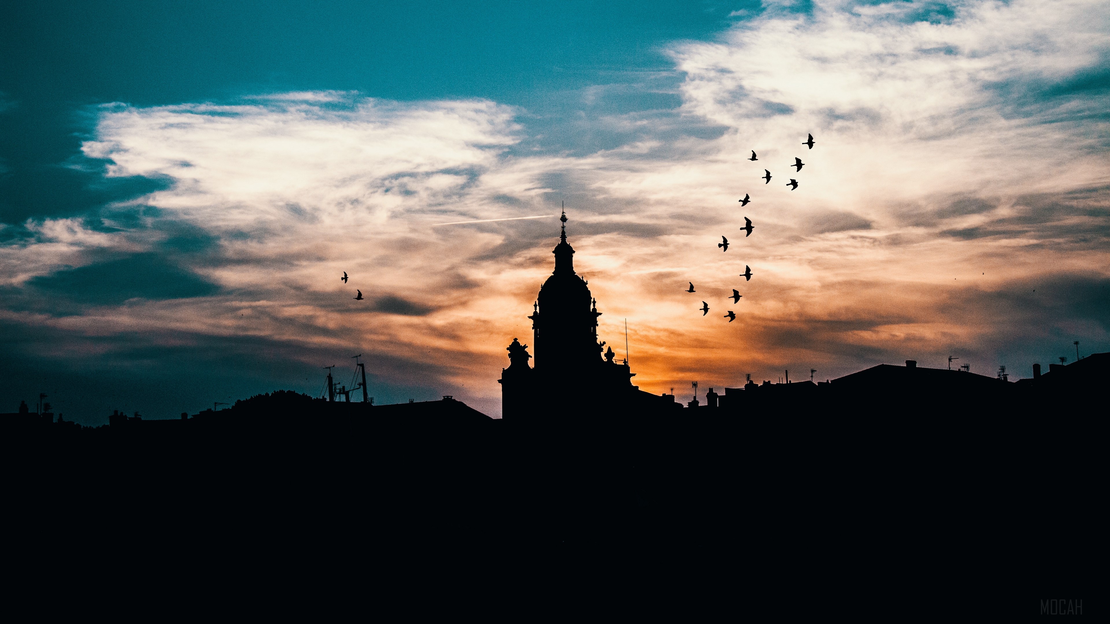 Silhouette of a building and birds at sunset HD Wallpaper