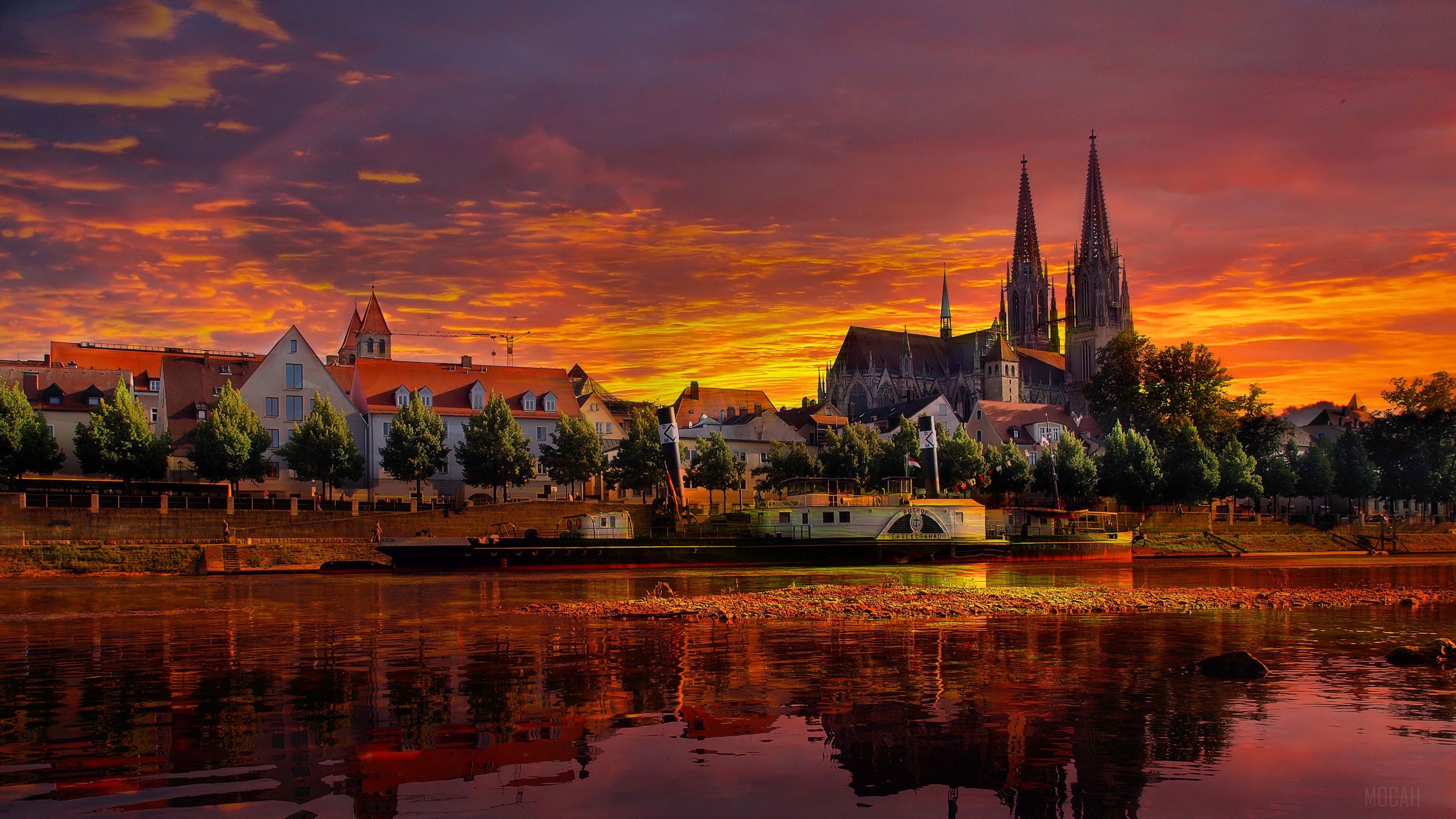 Regensburg cityscape at sunset with river and cathedral HD Wallpaper