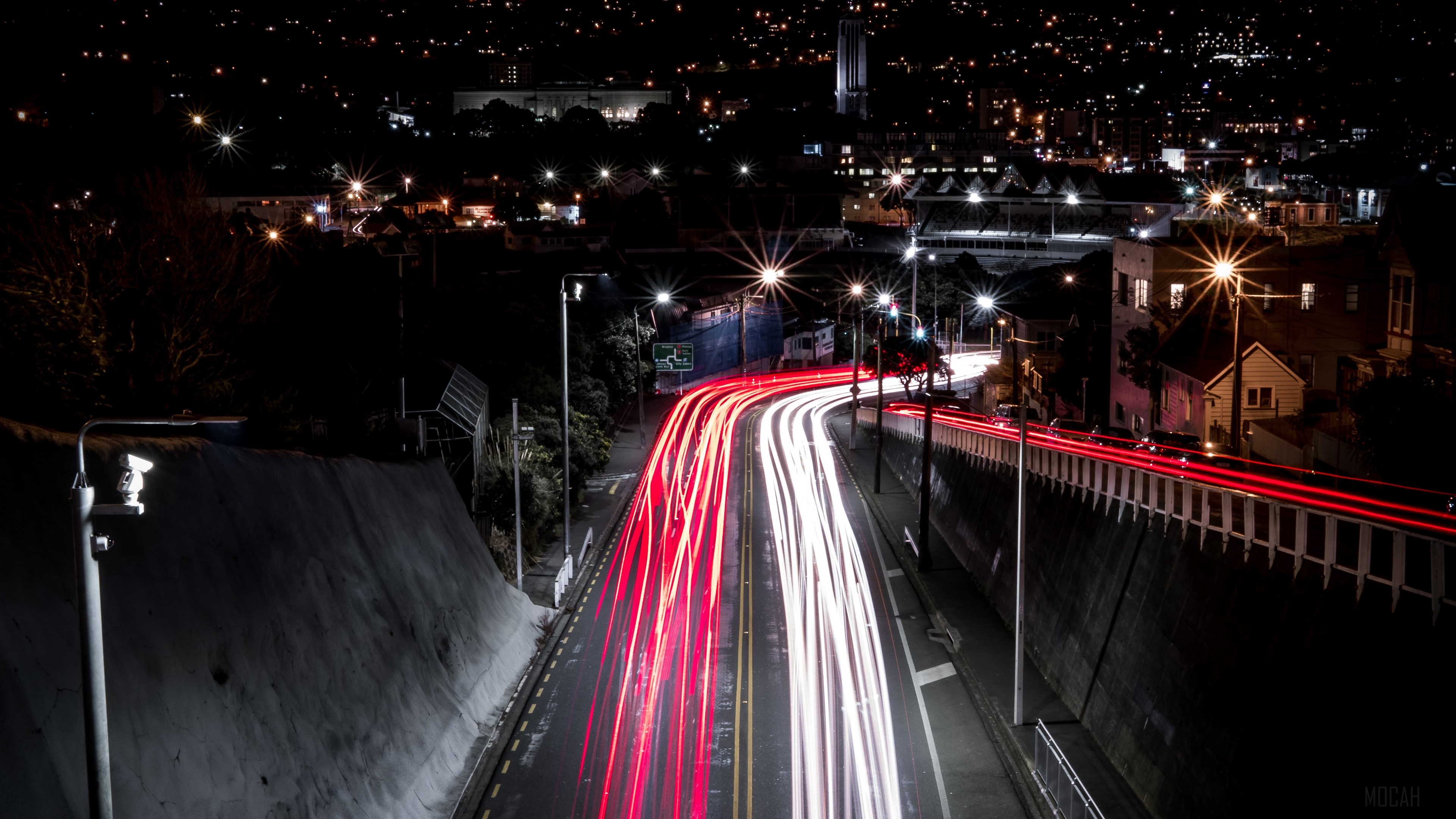 City at night with light trails on road 4K HD Wallpaper