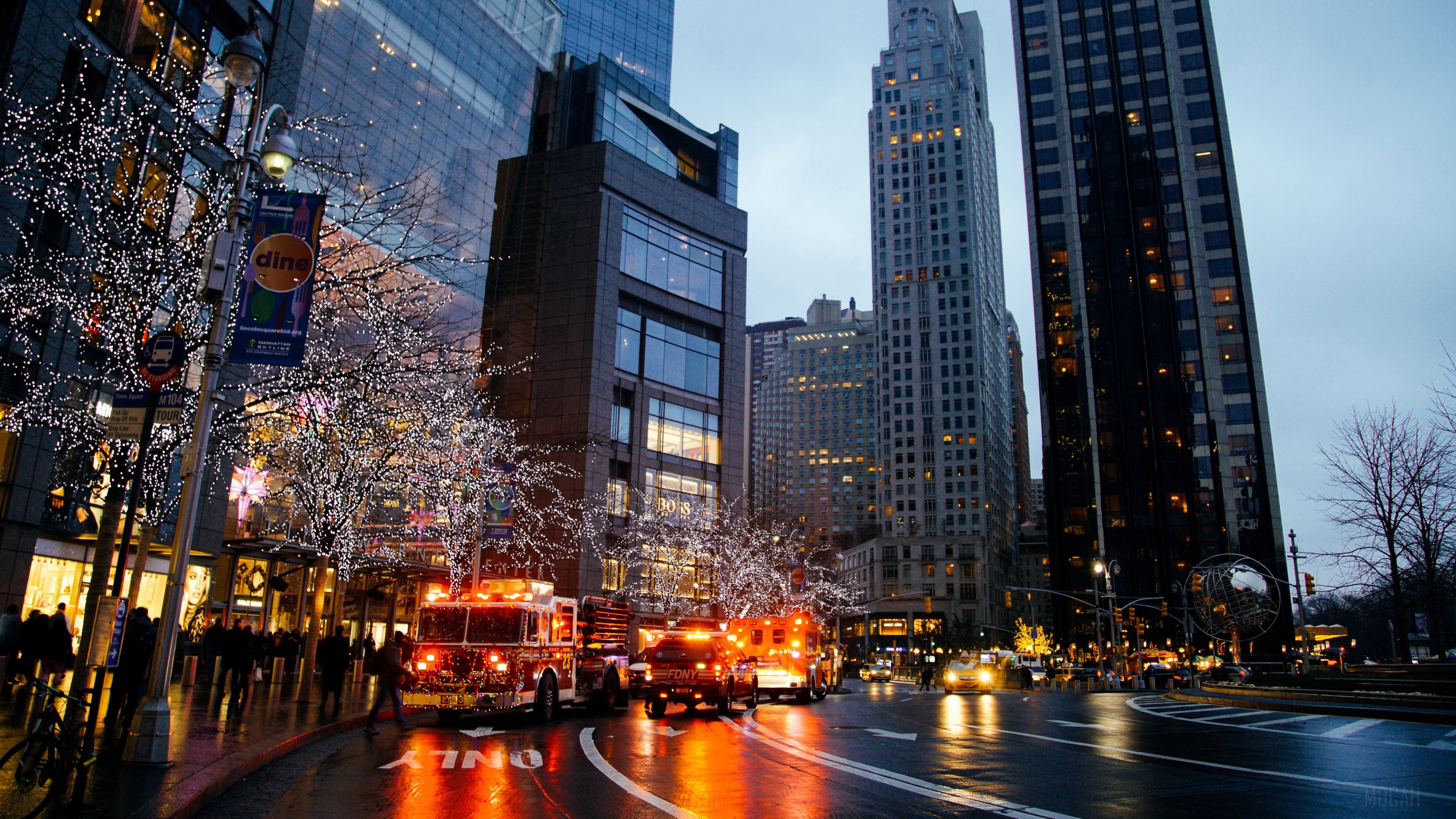 New York City street with fire trucks at night HD Wallpaper