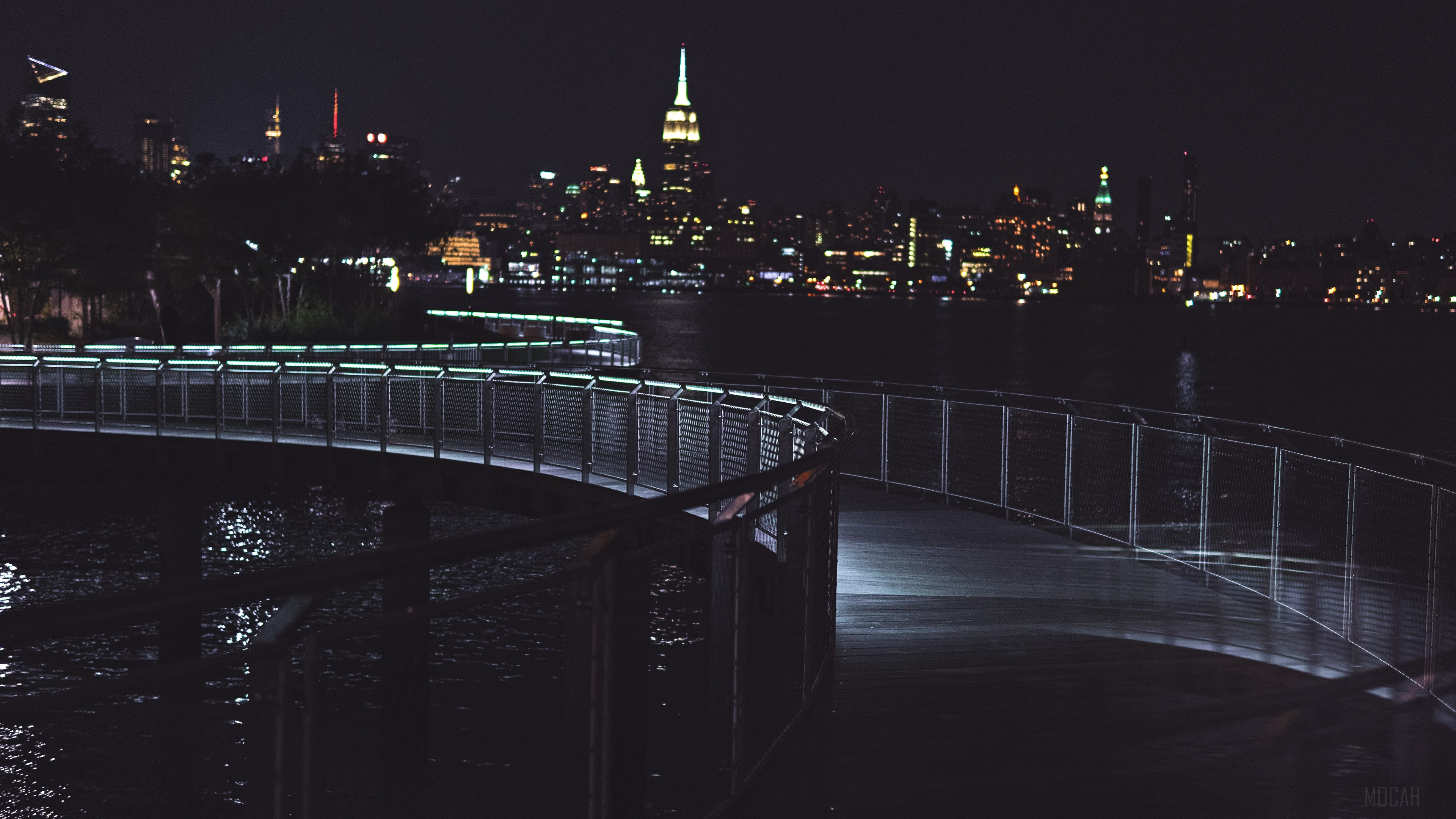 Night city skyline with illuminated bridge HD Wallpaper