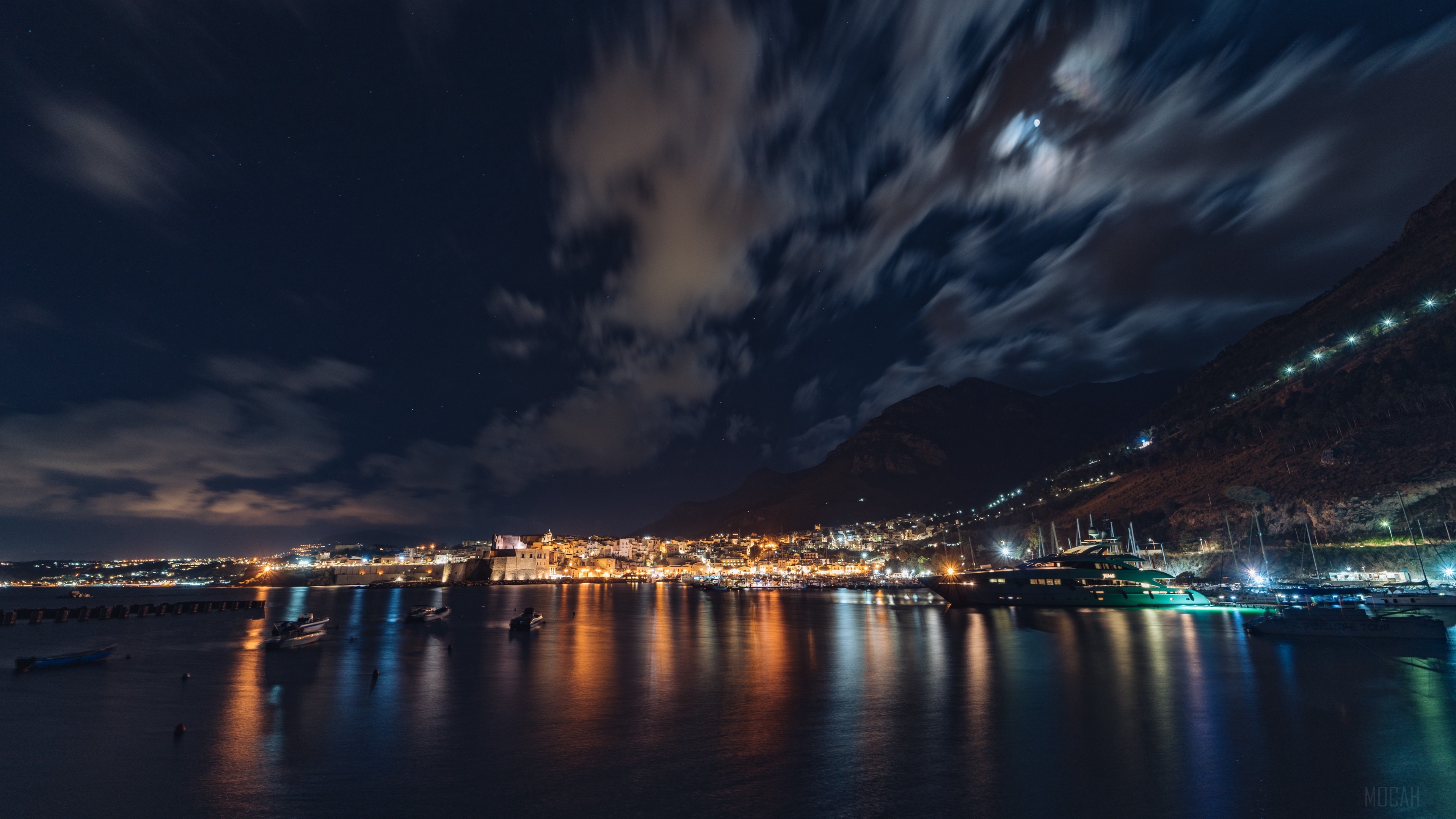 Cityscape at Night with Harbor and Mountains HD Wallpaper