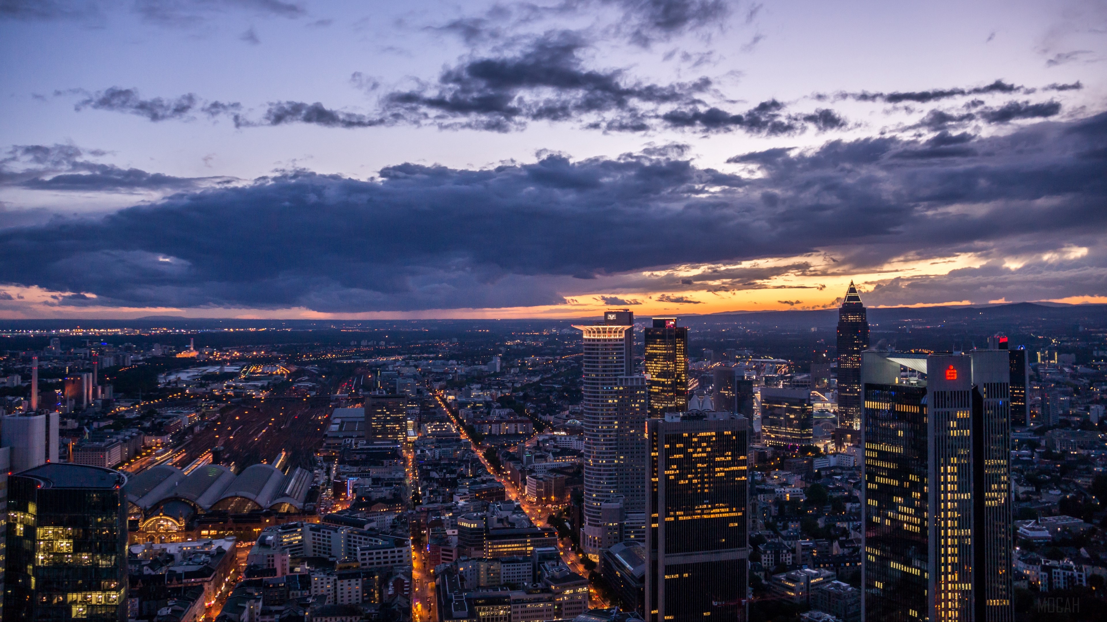 Night city skyline with skyscrapers at dusk HD Wallpaper