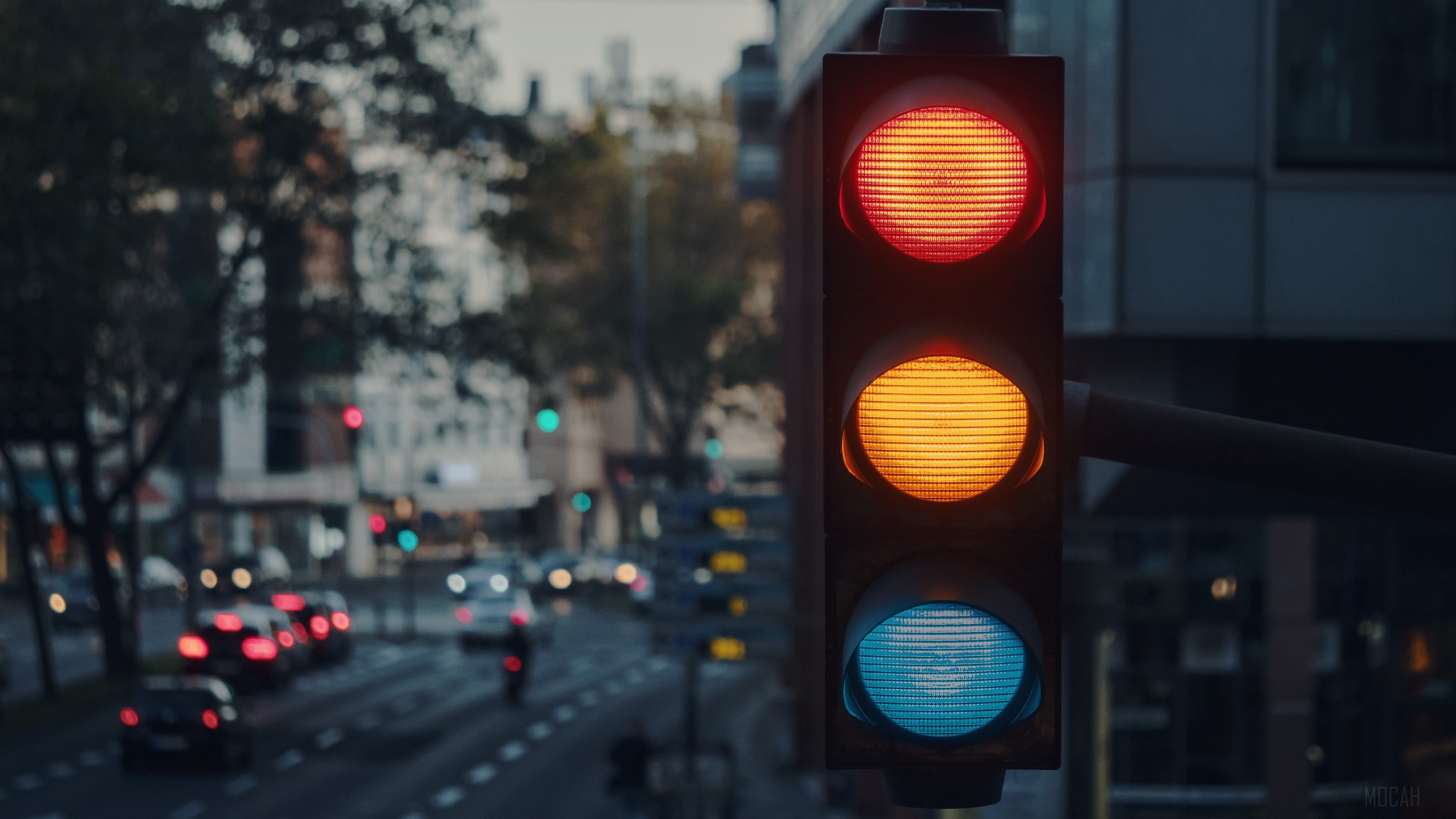 Traffic light in a city with cars HD Wallpaper