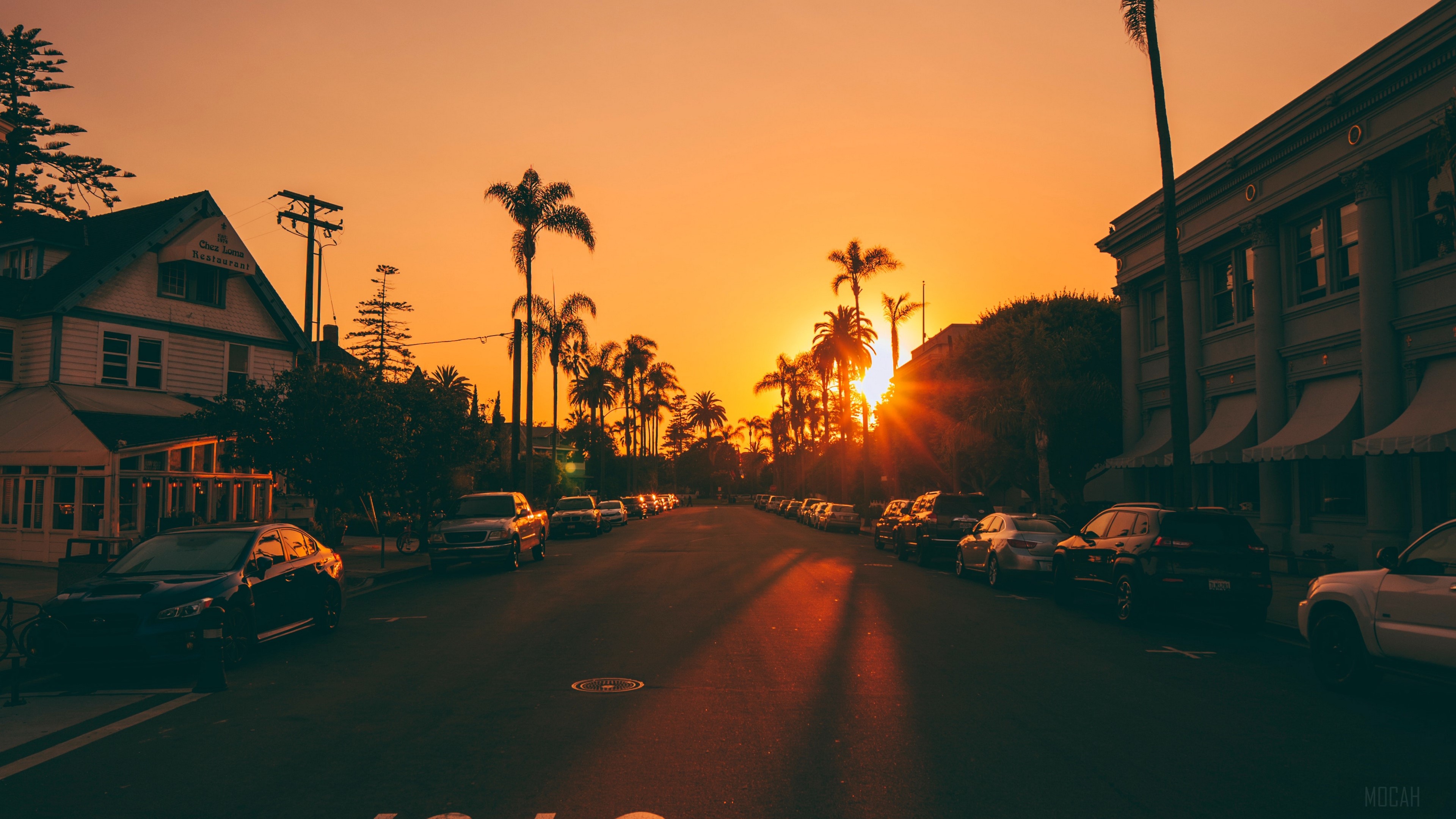 Street at sunset with palm trees and cars 4K HD Wallpaper