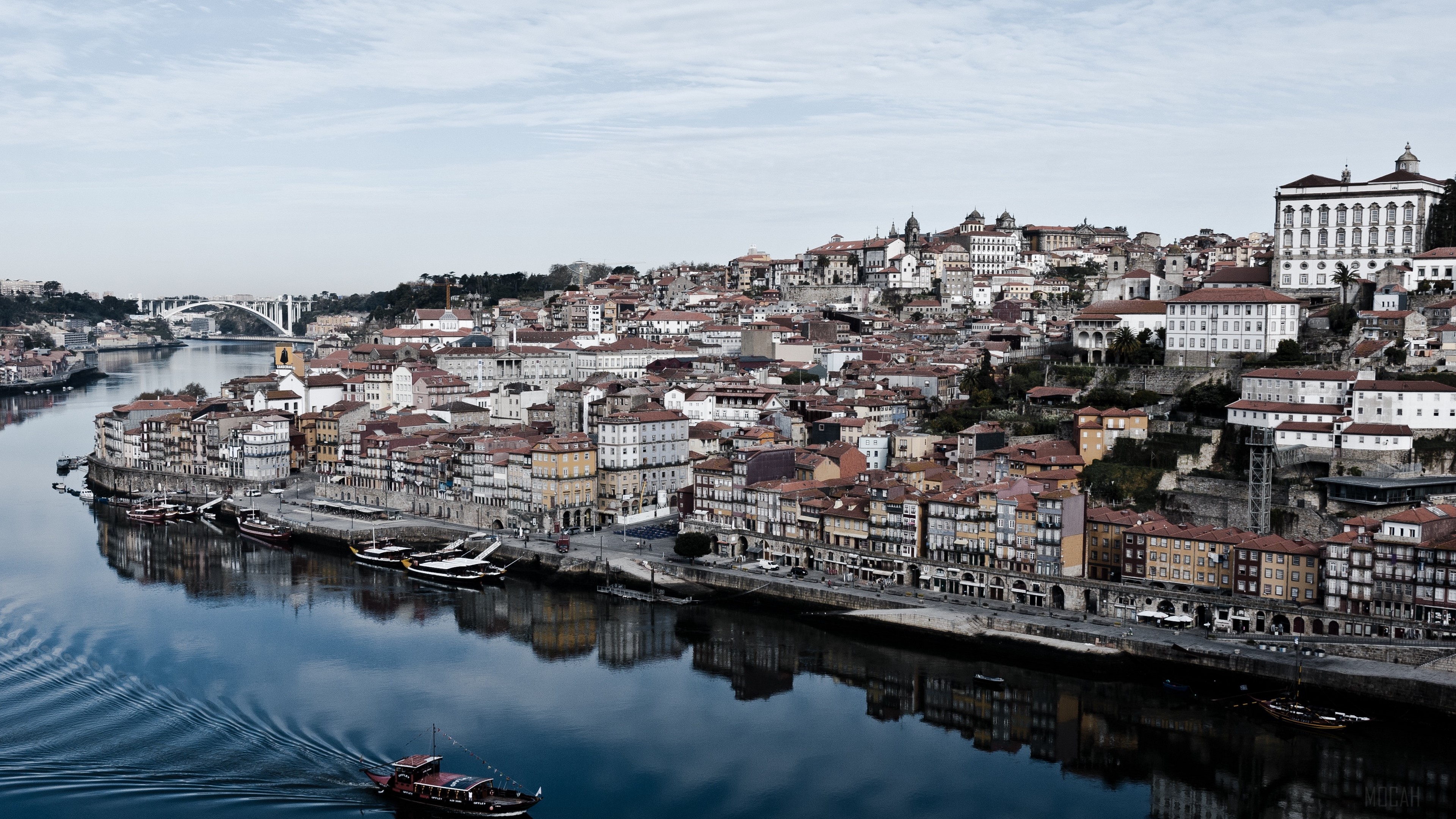 Porto, Portugal waterfront with Douro River and bridge HD Wallpaper