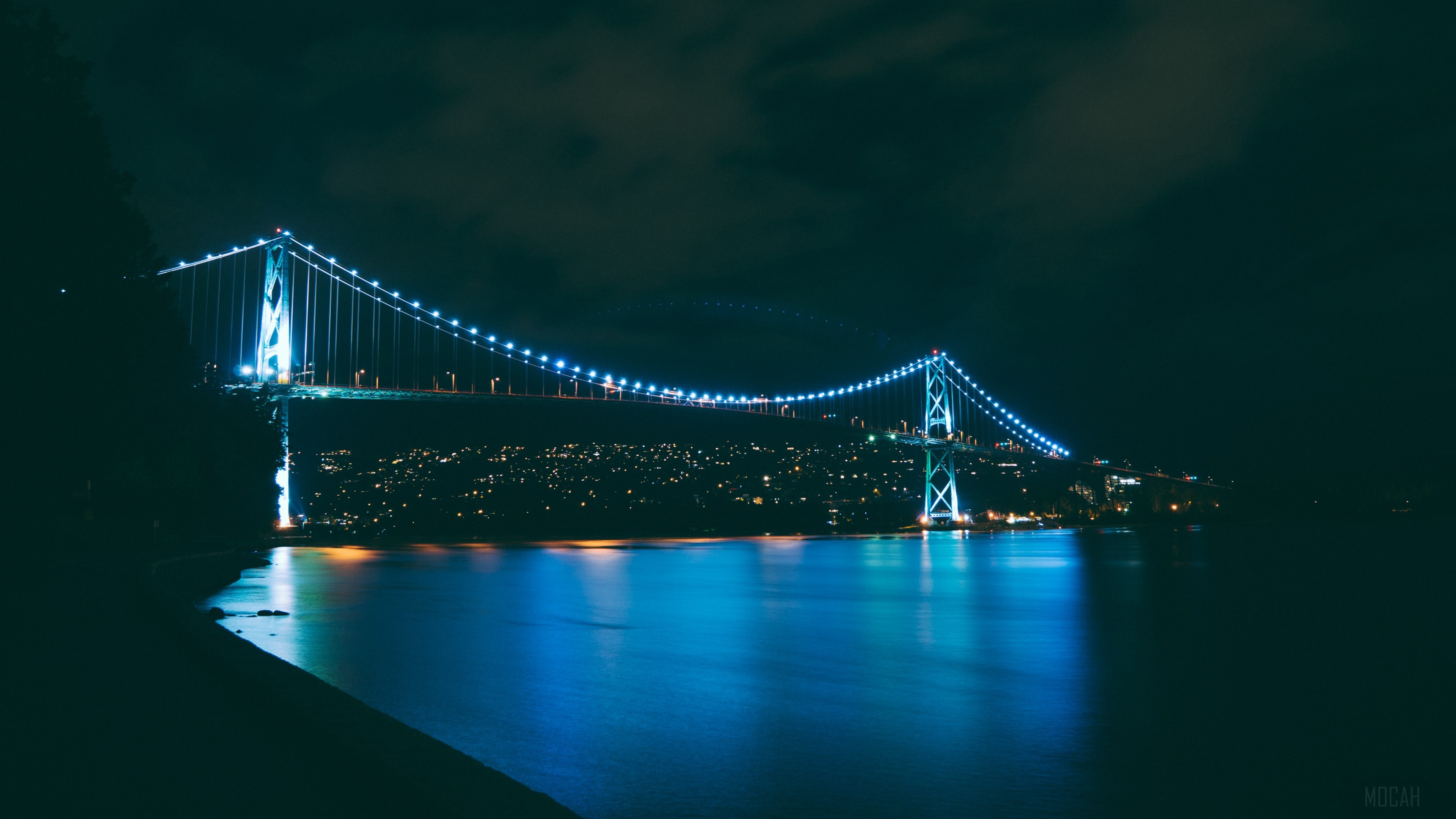 Lions Gate Bridge at night over water HD Wallpaper
