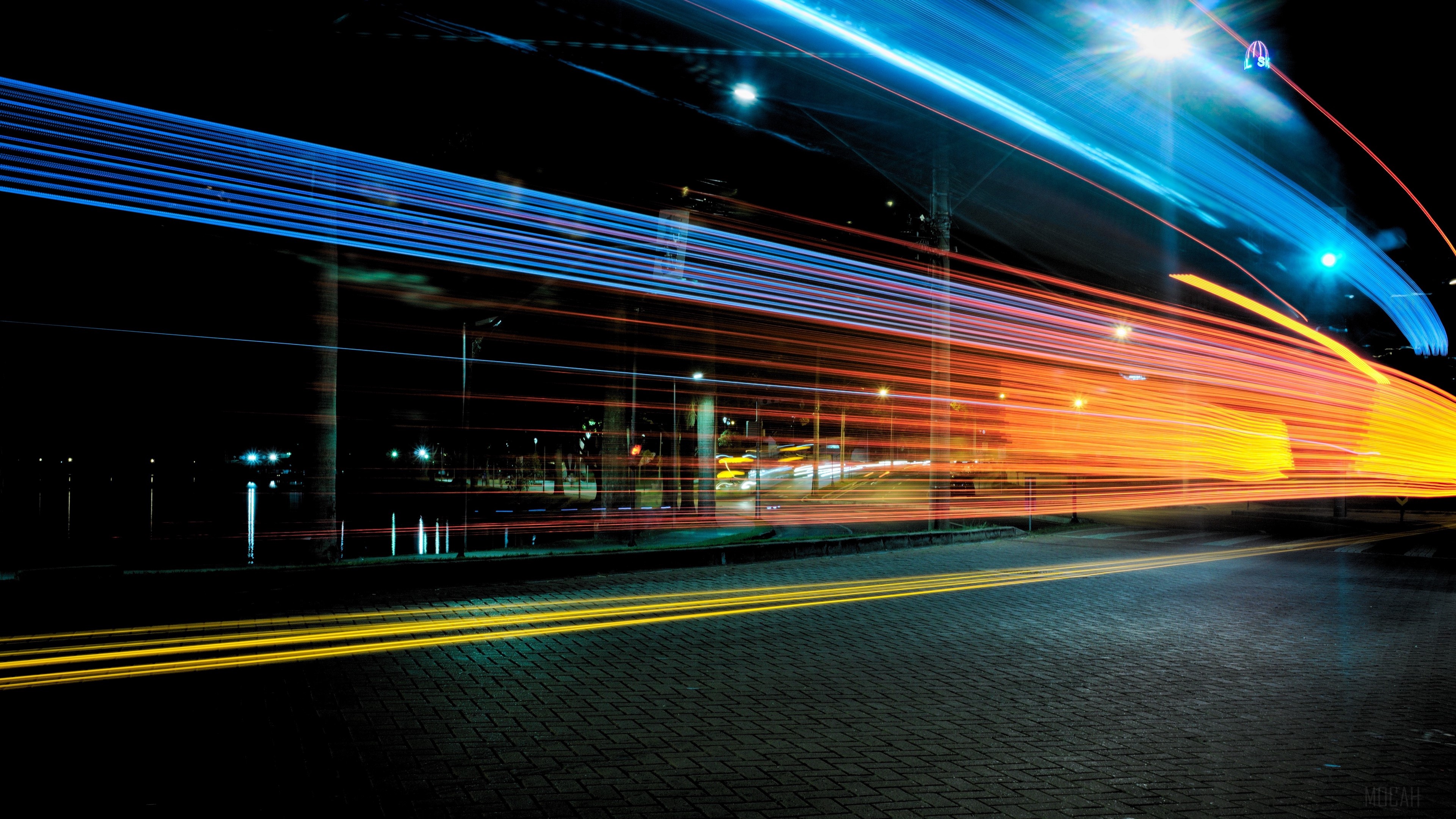 City traffic light trails at night 4K HD Wallpaper