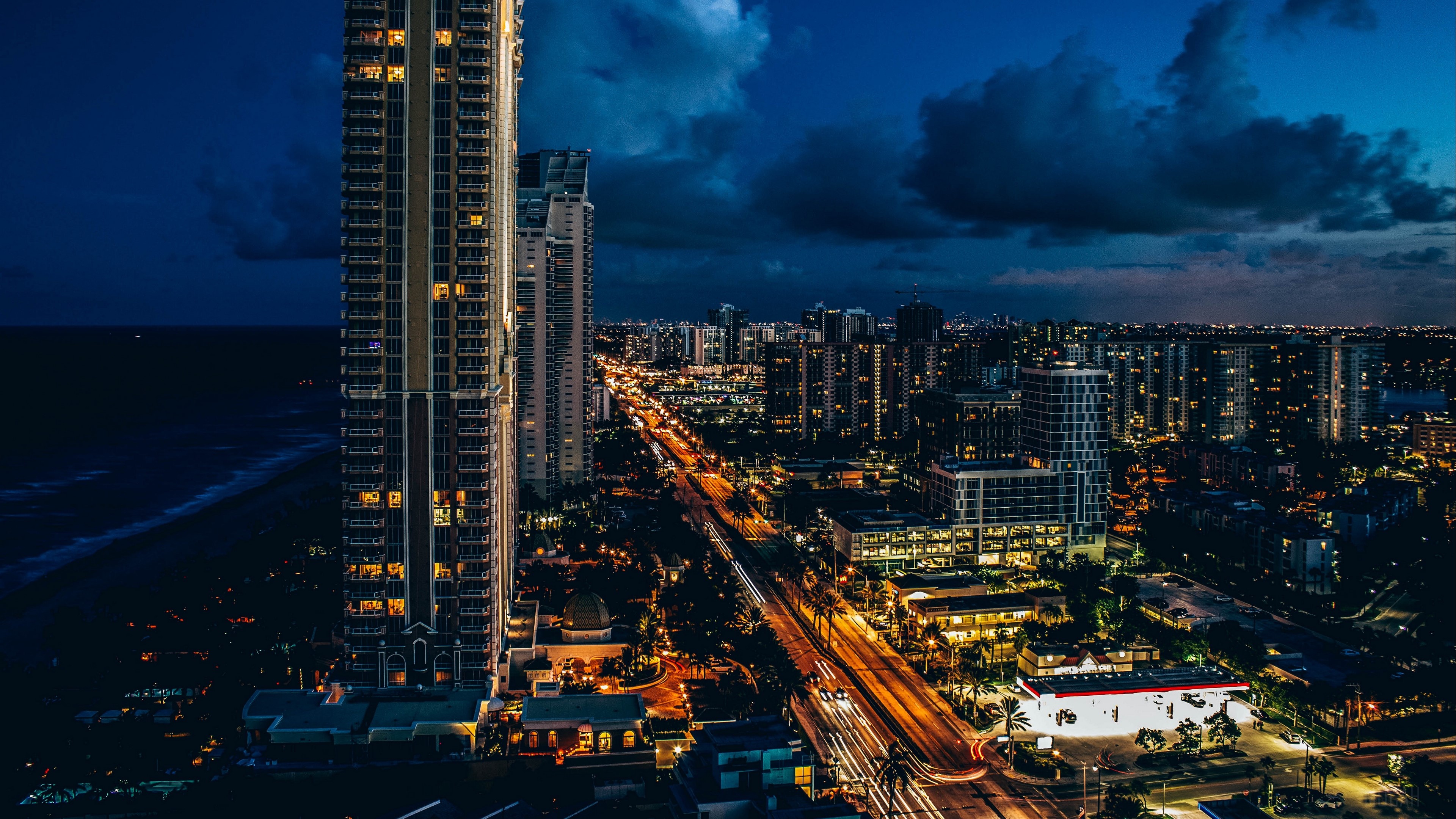 Sunny Isles Beach skyscrapers at night 4K HD Wallpaper