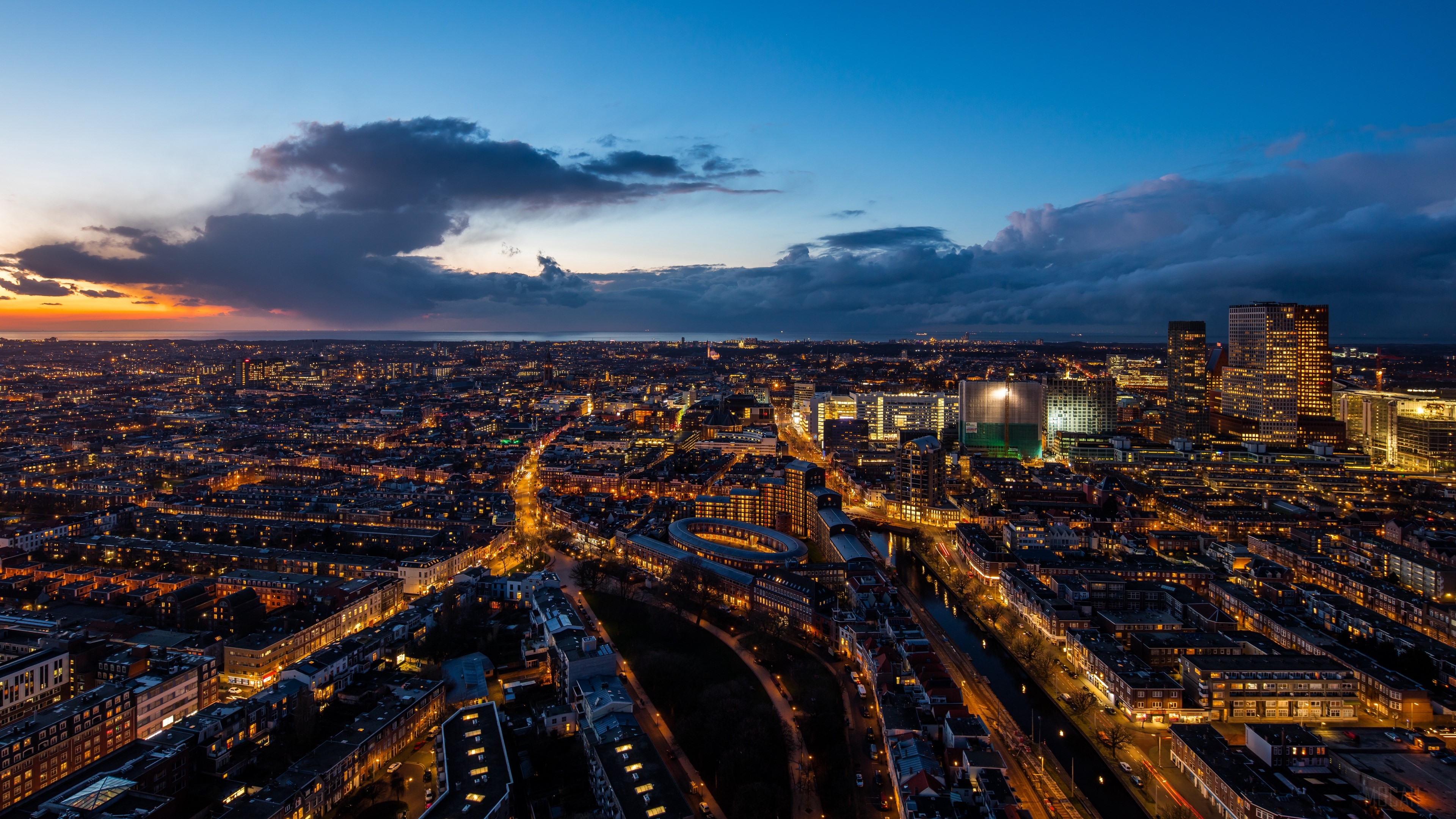The Hague, Netherlands at Night from Above 4K HD Wallpaper