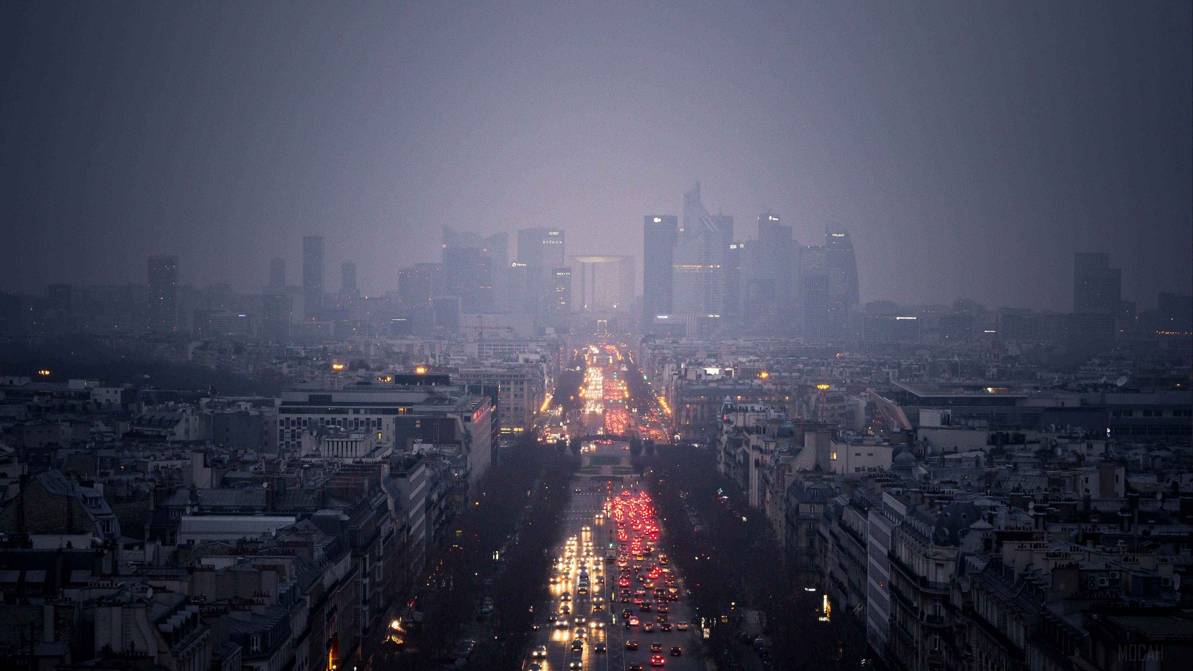 Cityscape with skyscrapers and traffic in fog 4K HD Wallpaper