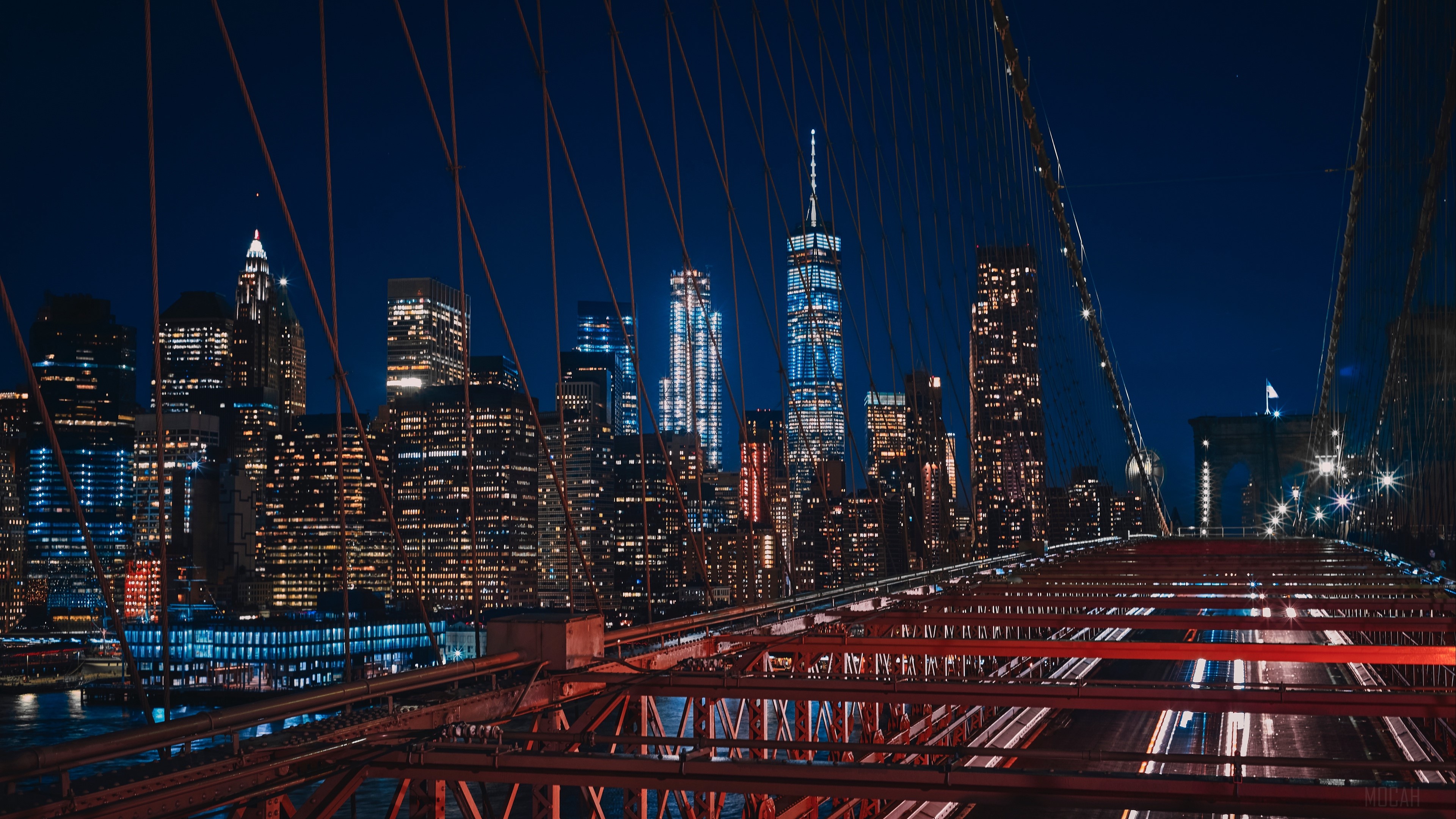 New York City skyline and Brooklyn Bridge at night 4K HD Wallpaper