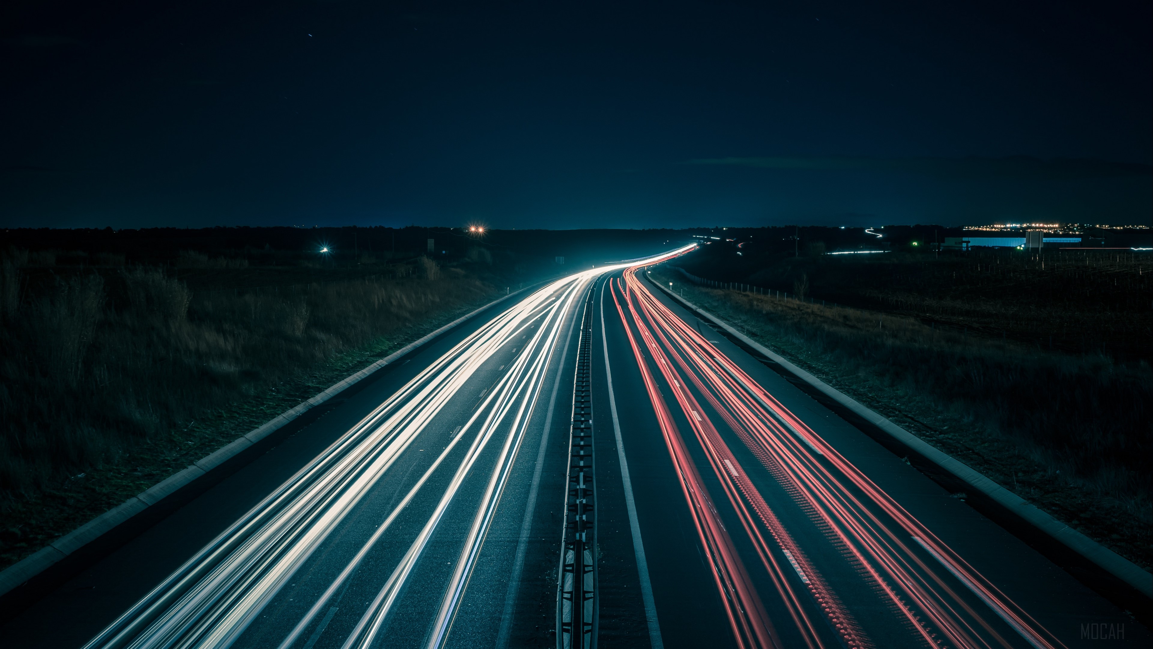 Highway light trails at night 4K HD Wallpaper