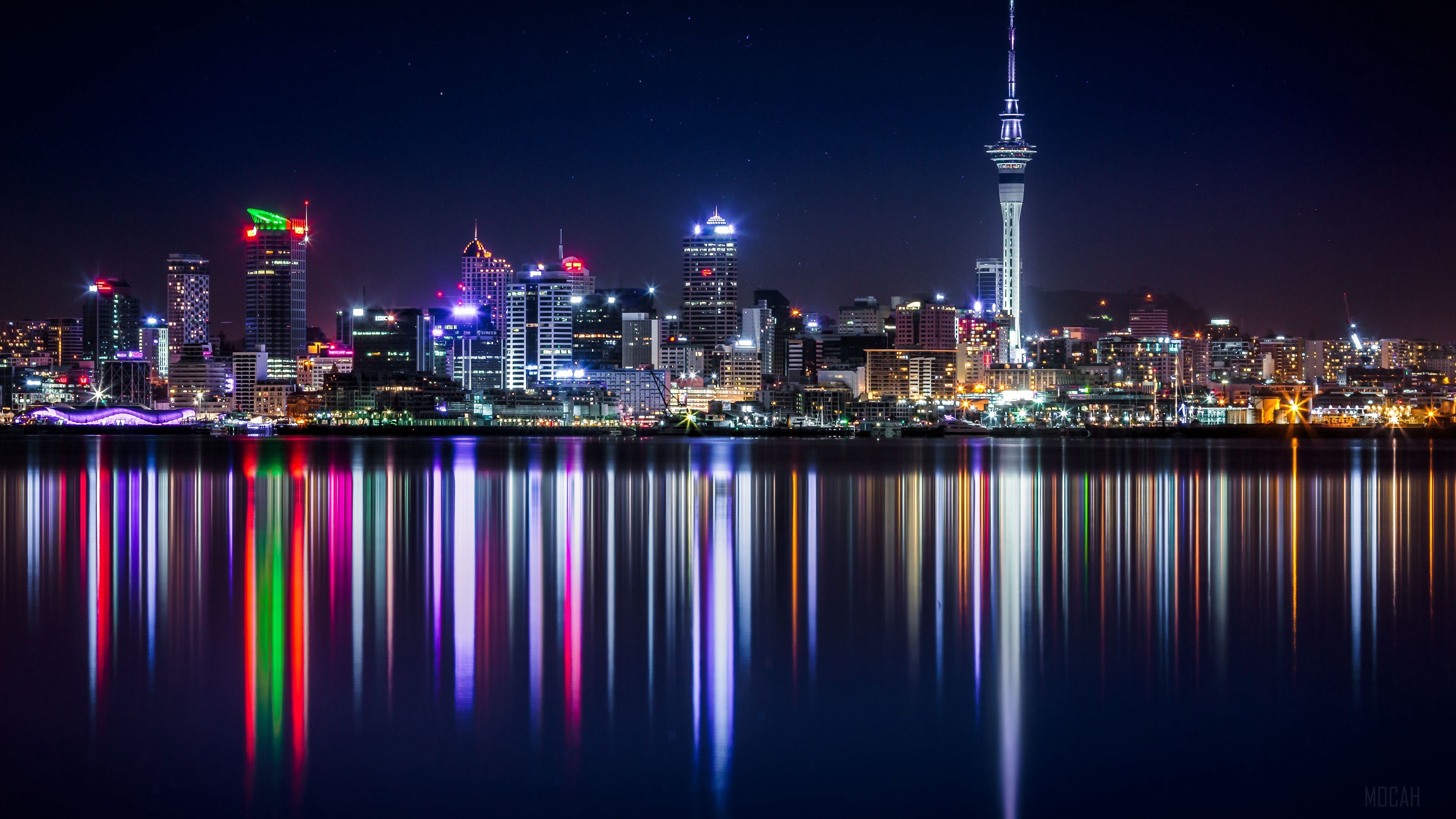 Auckland skyline with Sky Tower at night, New Zealand HD Wallpaper
