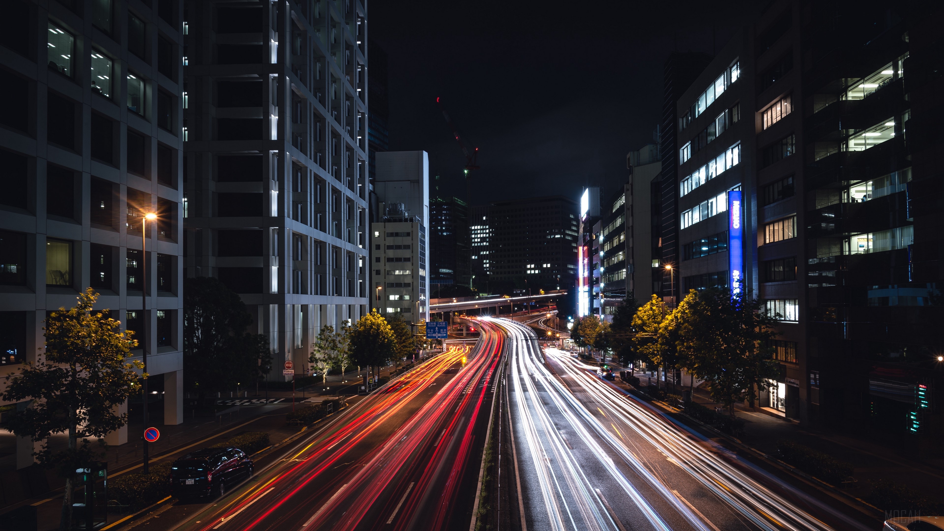 Night city highway with light trails in Akasaka, Japan 4K HD Wallpaper