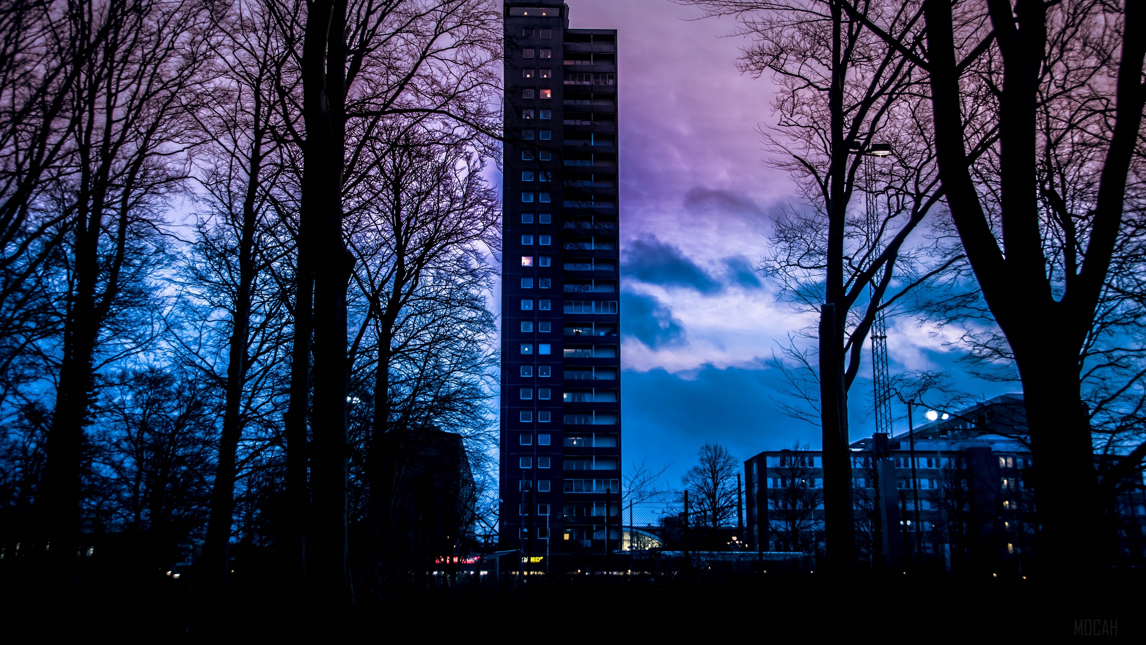 Tall building at sunset with trees in Sweden 4K HD Wallpaper