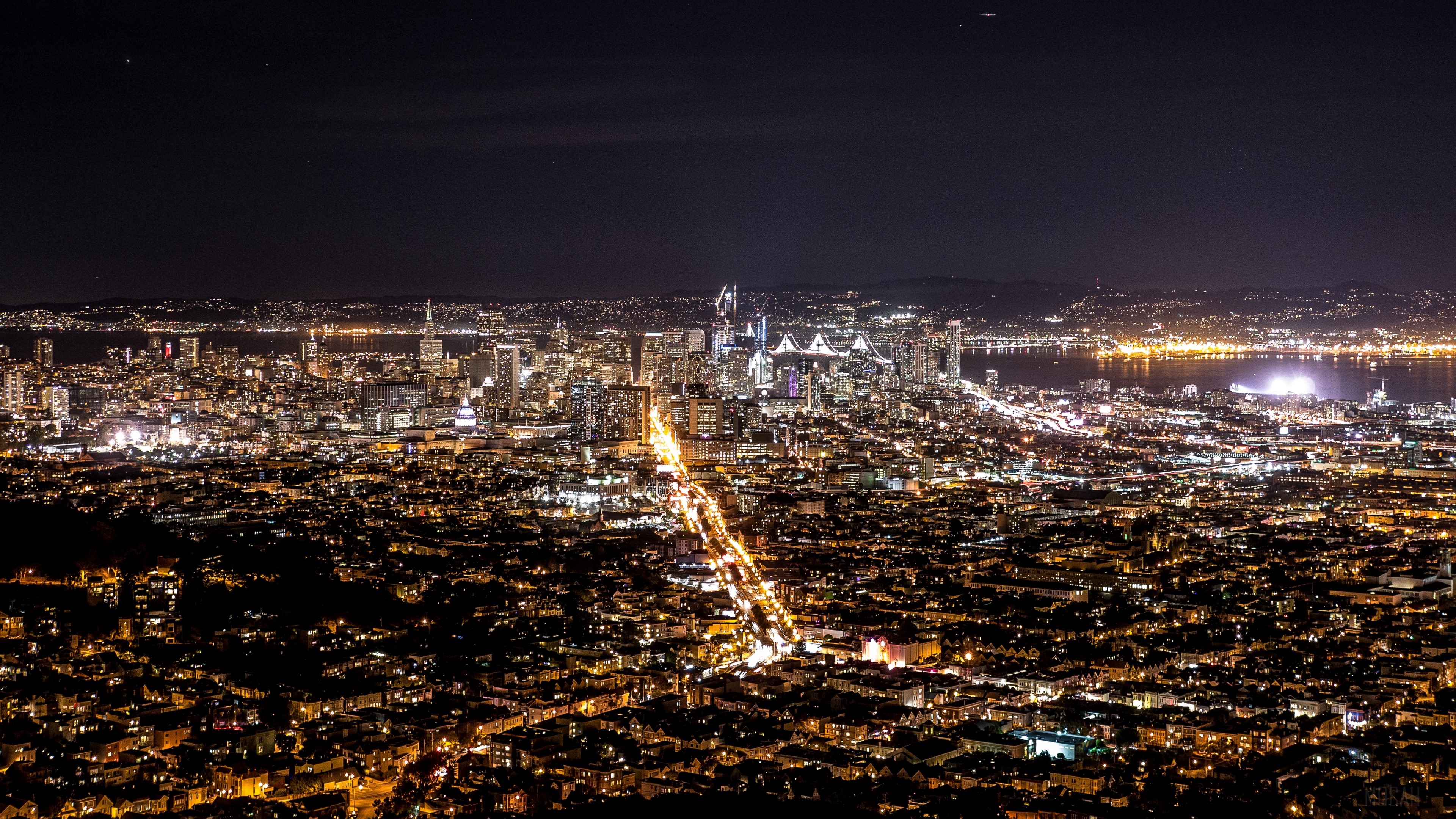 San Francisco cityscape at night with Bay Bridge HD Wallpaper