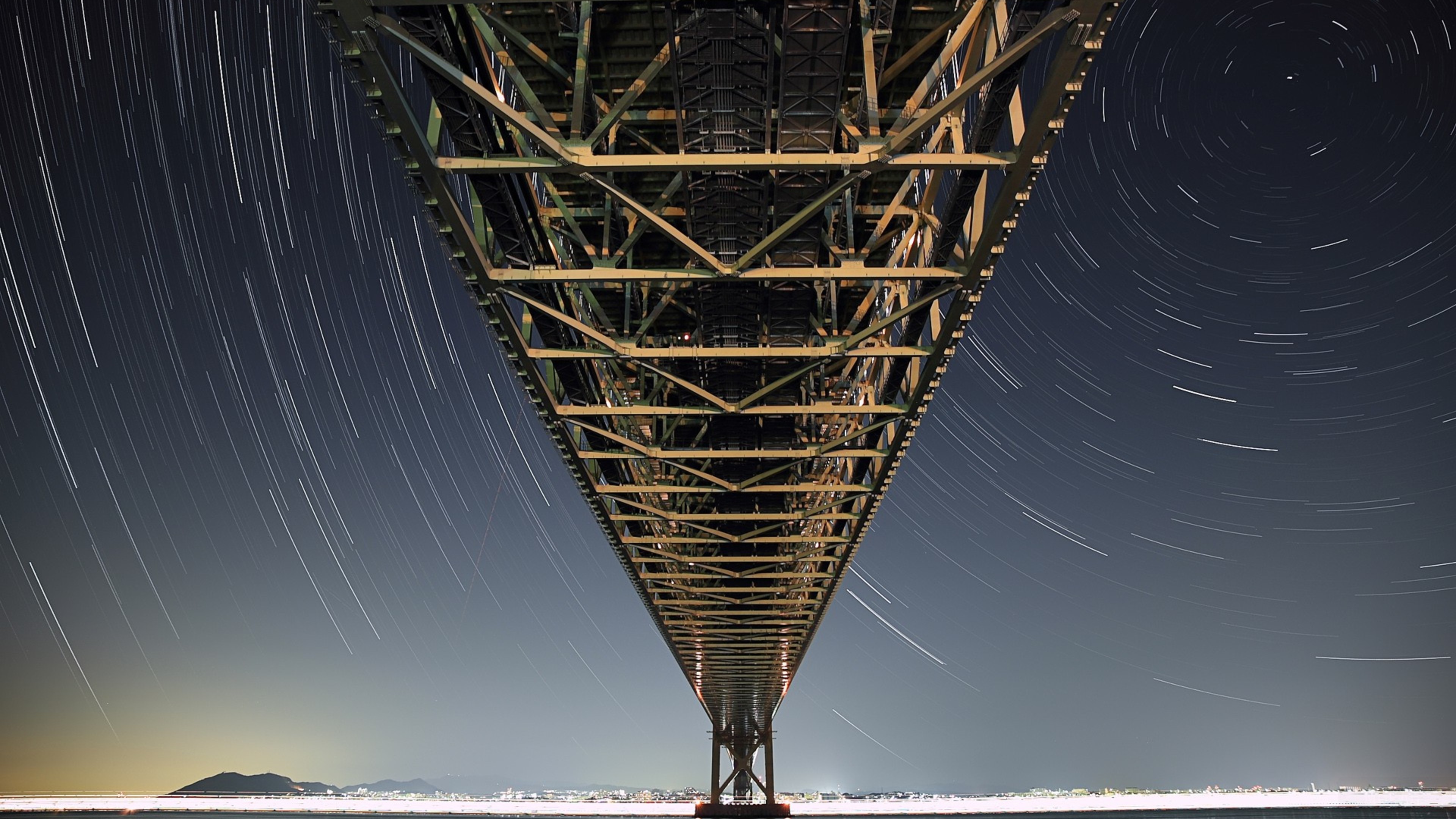 Under the Akashi Kaikyo Bridge at Night with Star Trails HD Wallpaper
