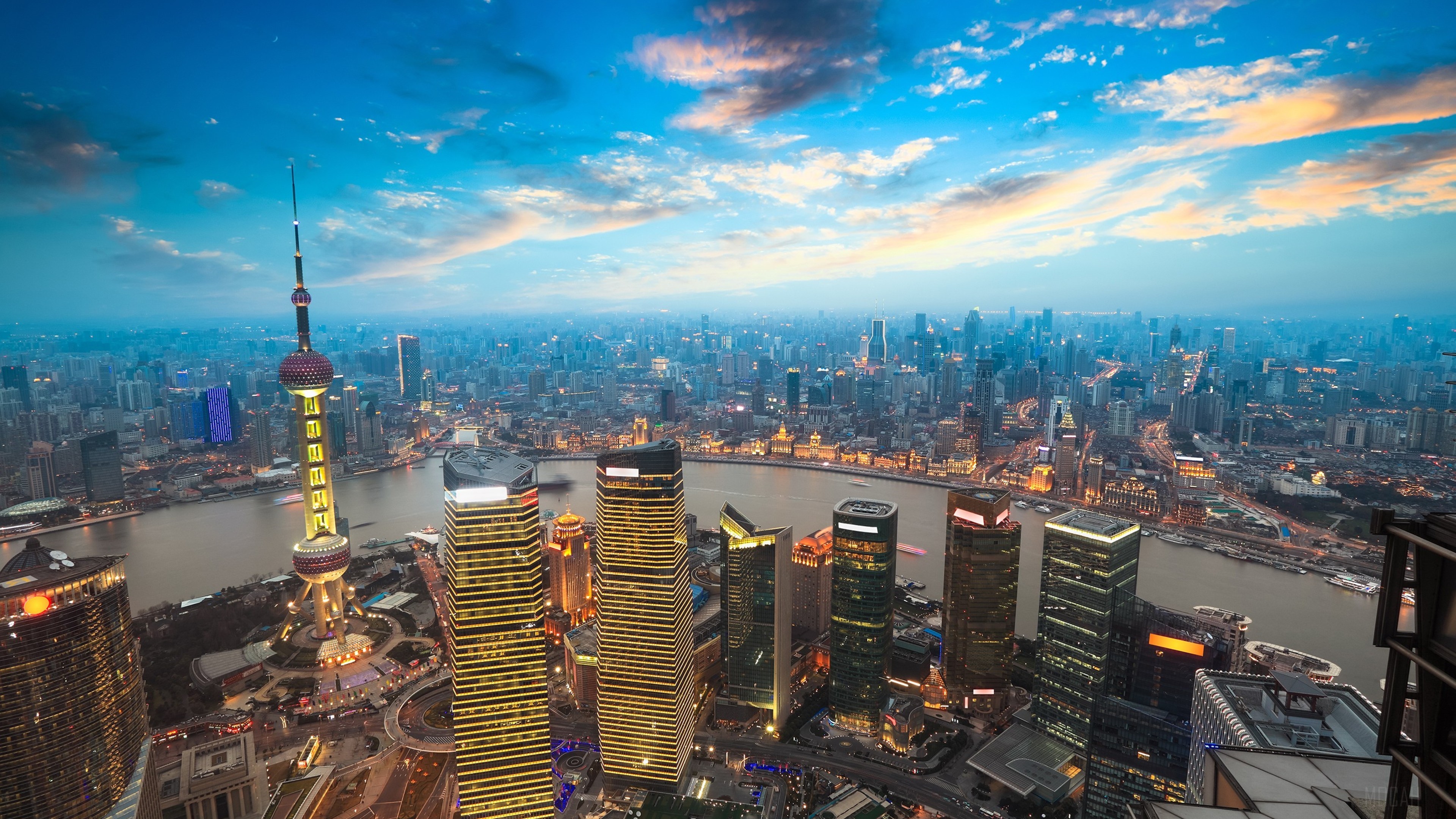 Shanghai skyline with Oriental Pearl Tower at sunset 4K HD Wallpaper