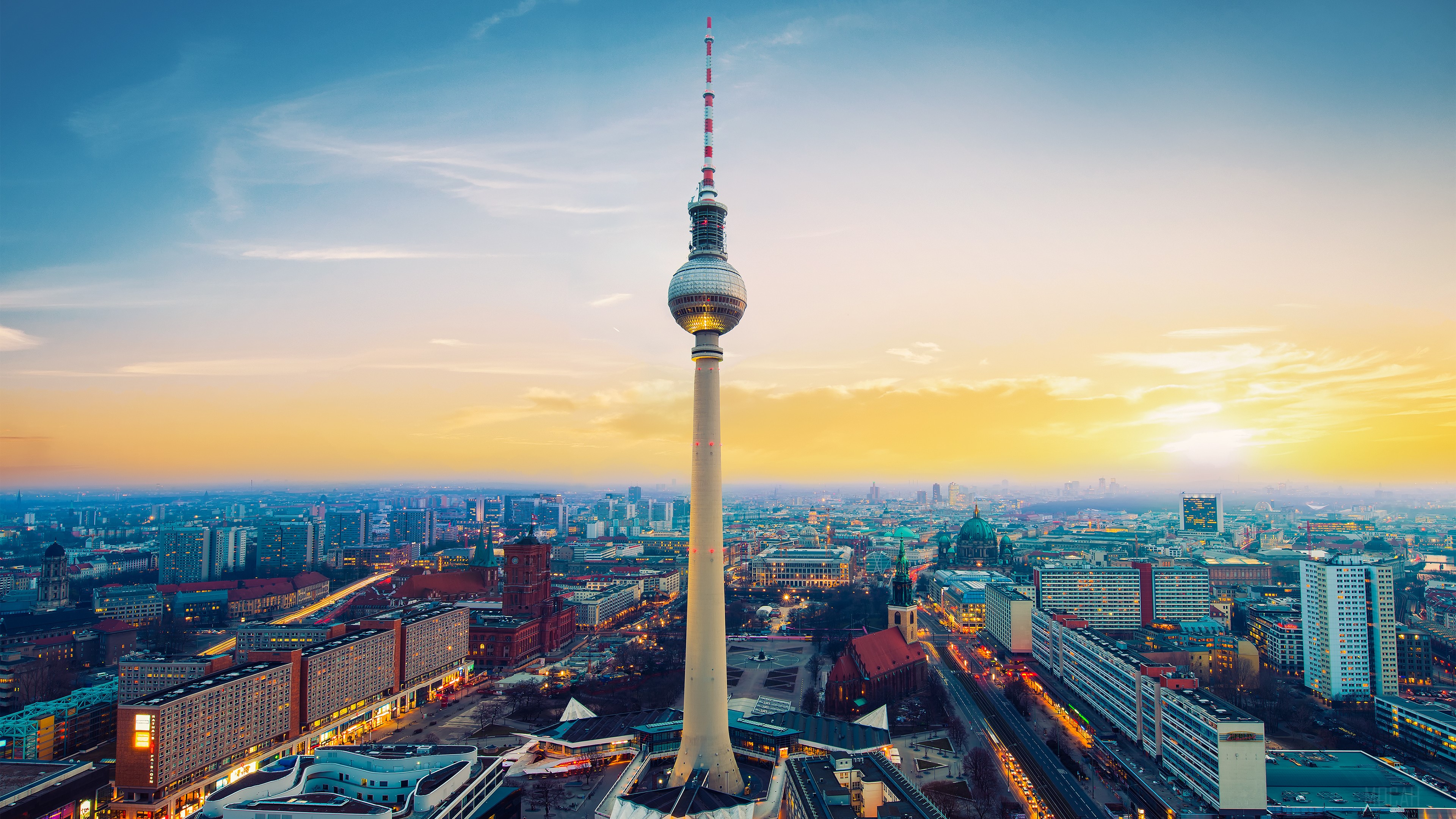 Berlin TV Tower and cityscape at sunset 4K HD Wallpaper