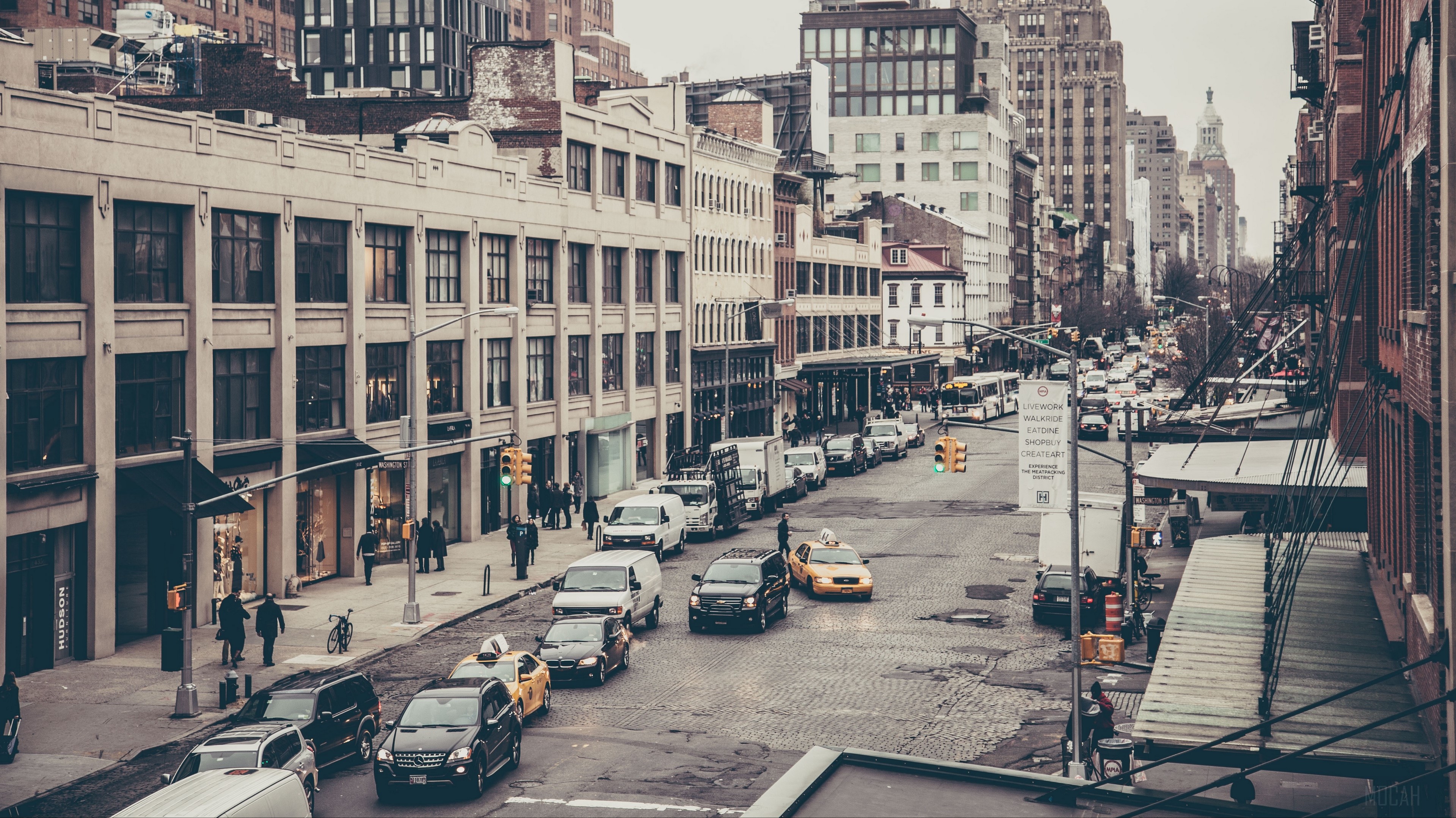 City street with buildings and cars 4K HD Wallpaper