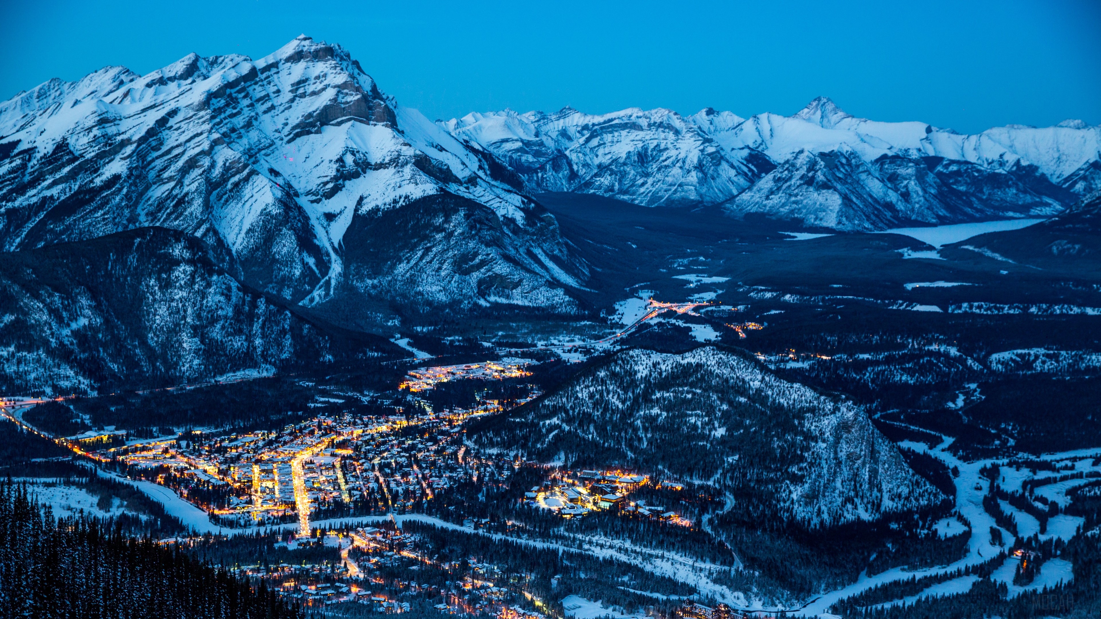 Banff Night Mountains with Glowing Lights 4K HD Wallpaper