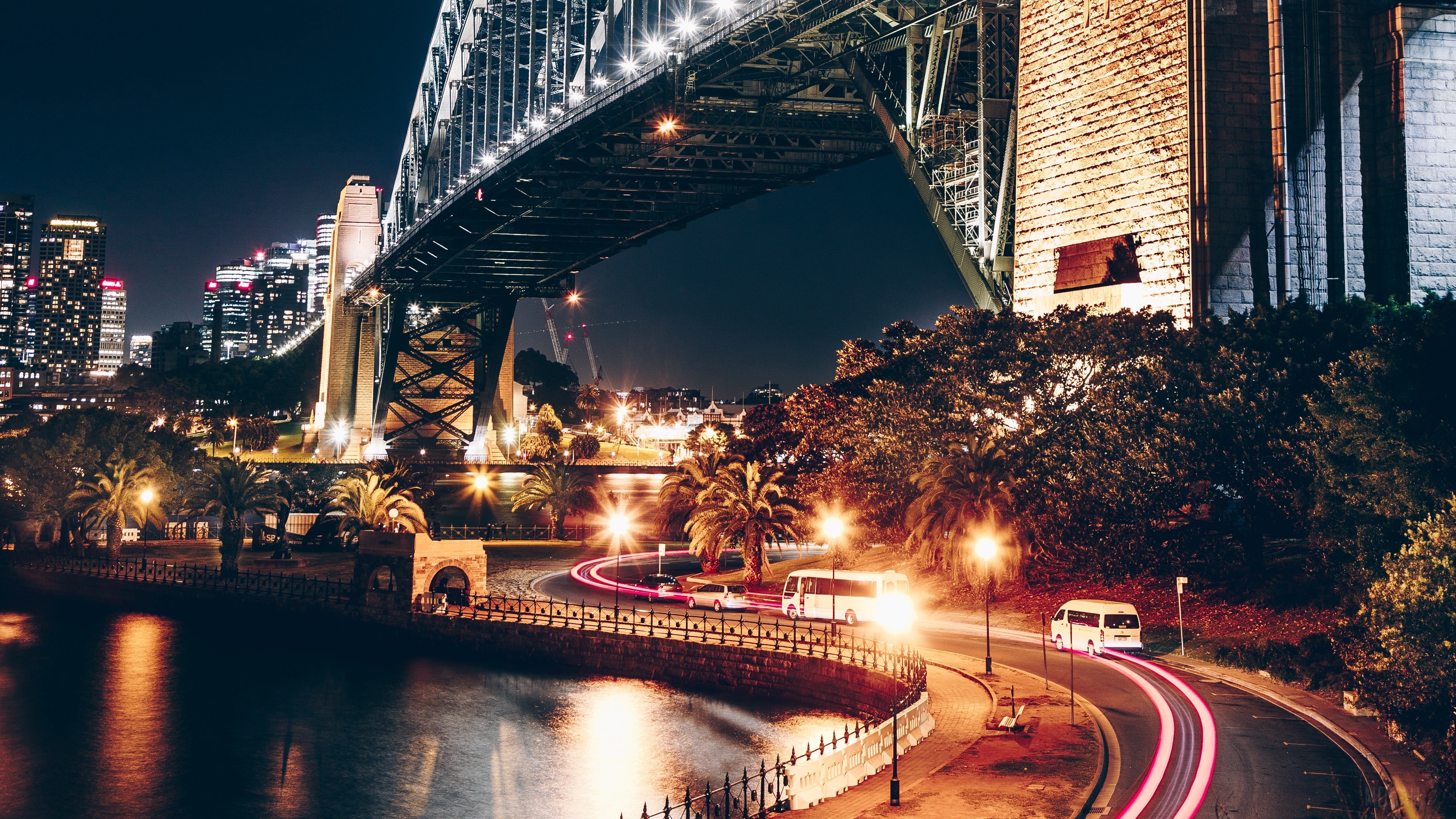 Sydney Harbour Bridge at Night with Light Trails 4K HD Wallpaper