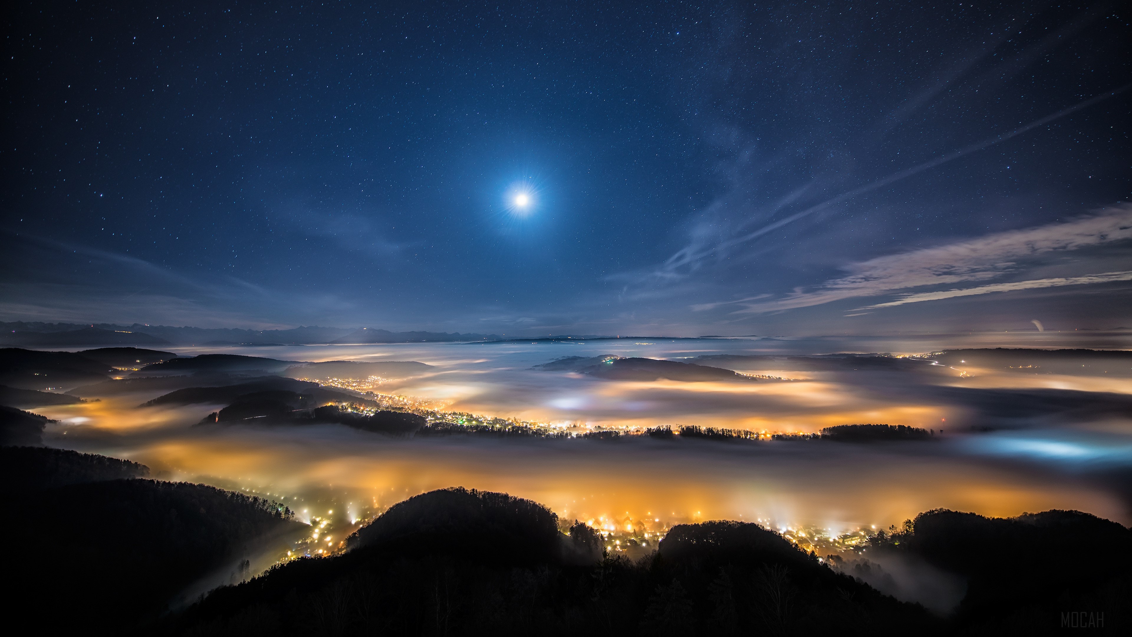 Night sky over foggy valley in Switzerland 4K HD Wallpaper