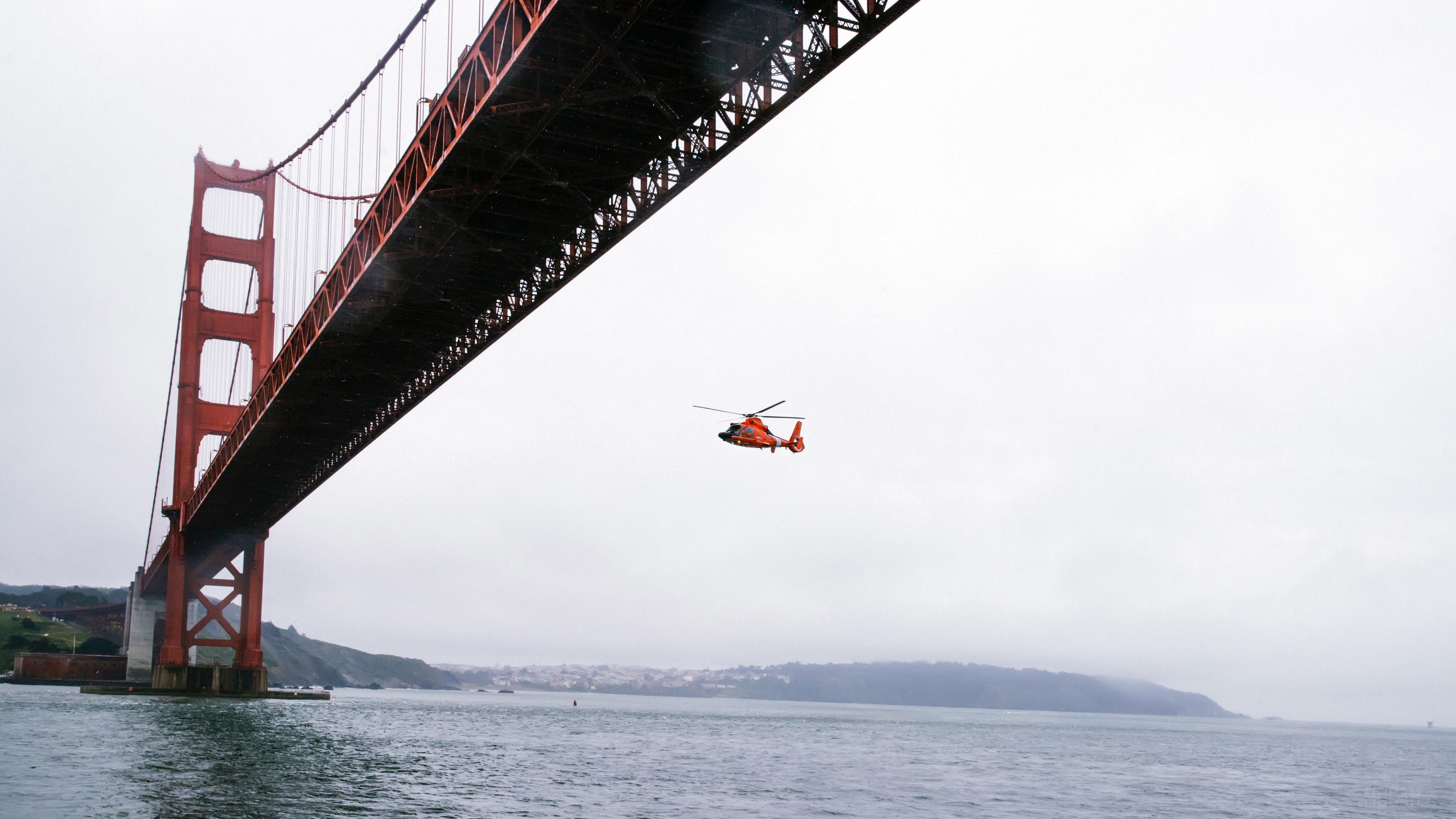 Rescue Helicopter Flying Under Golden Gate Bridge HD Wallpaper