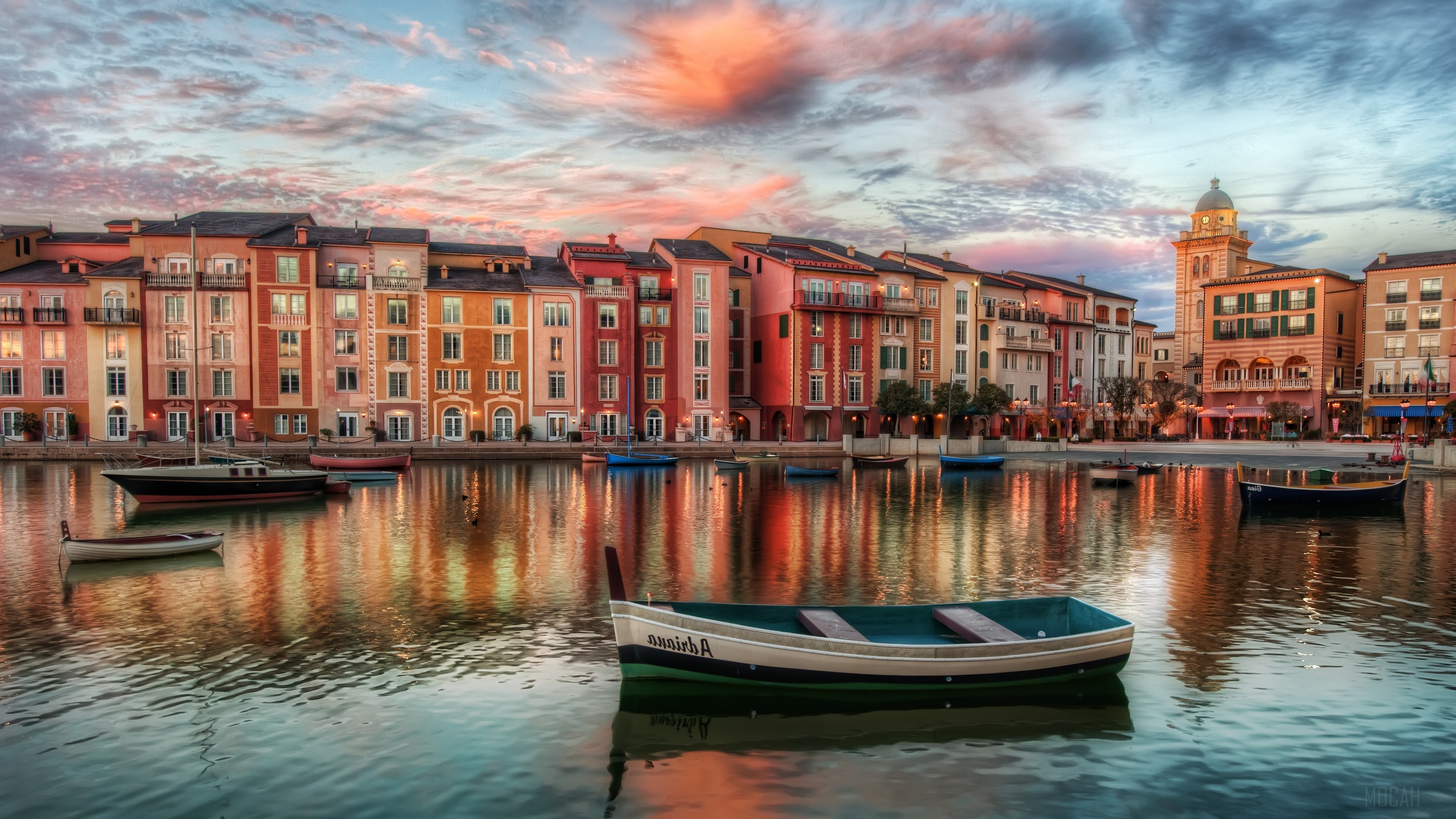 Colorful buildings on a lake at sunset, Orlando 4K HD Wallpaper