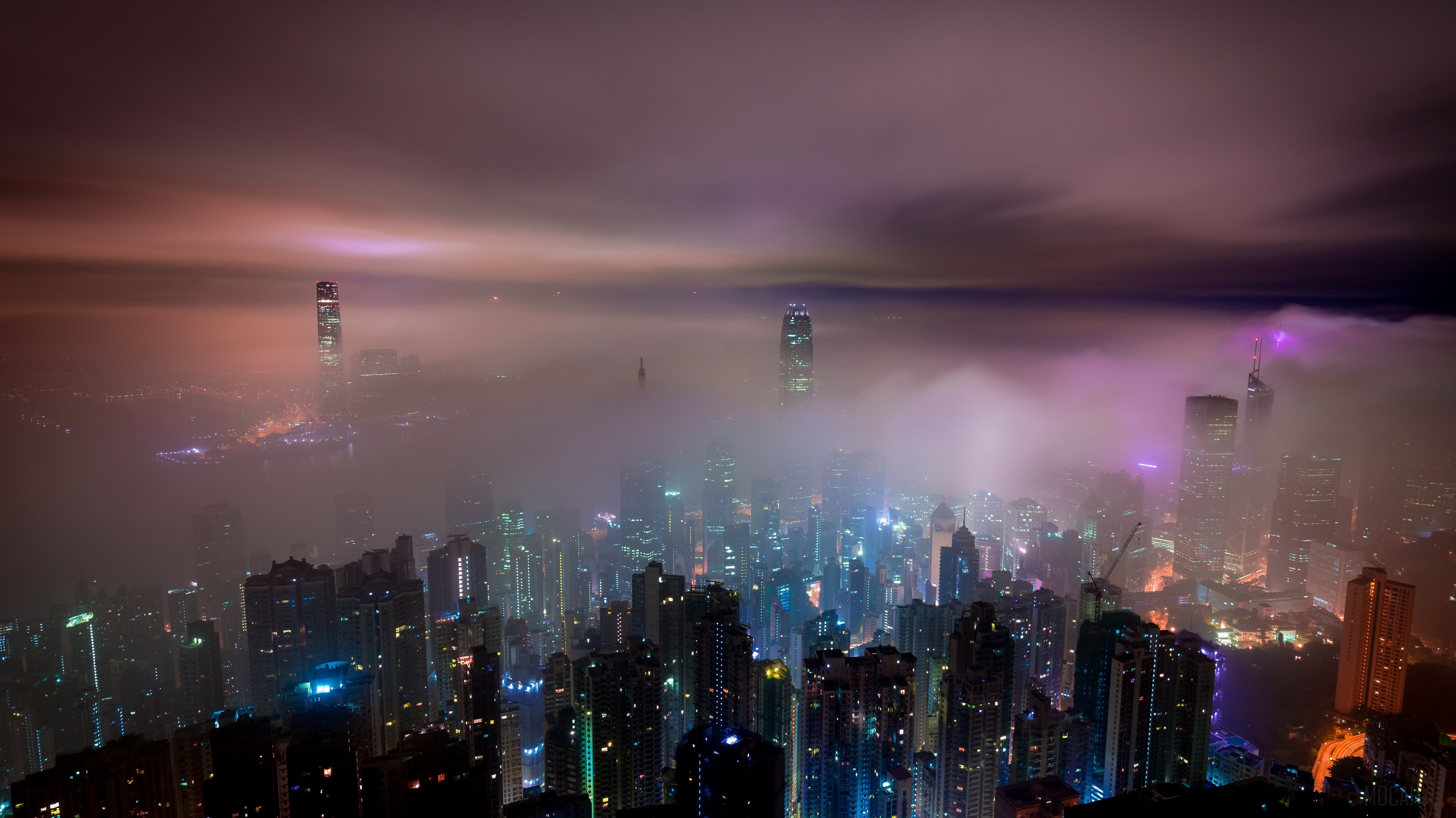Hong Kong Buildings at Night in Mist 4K HD Wallpaper
