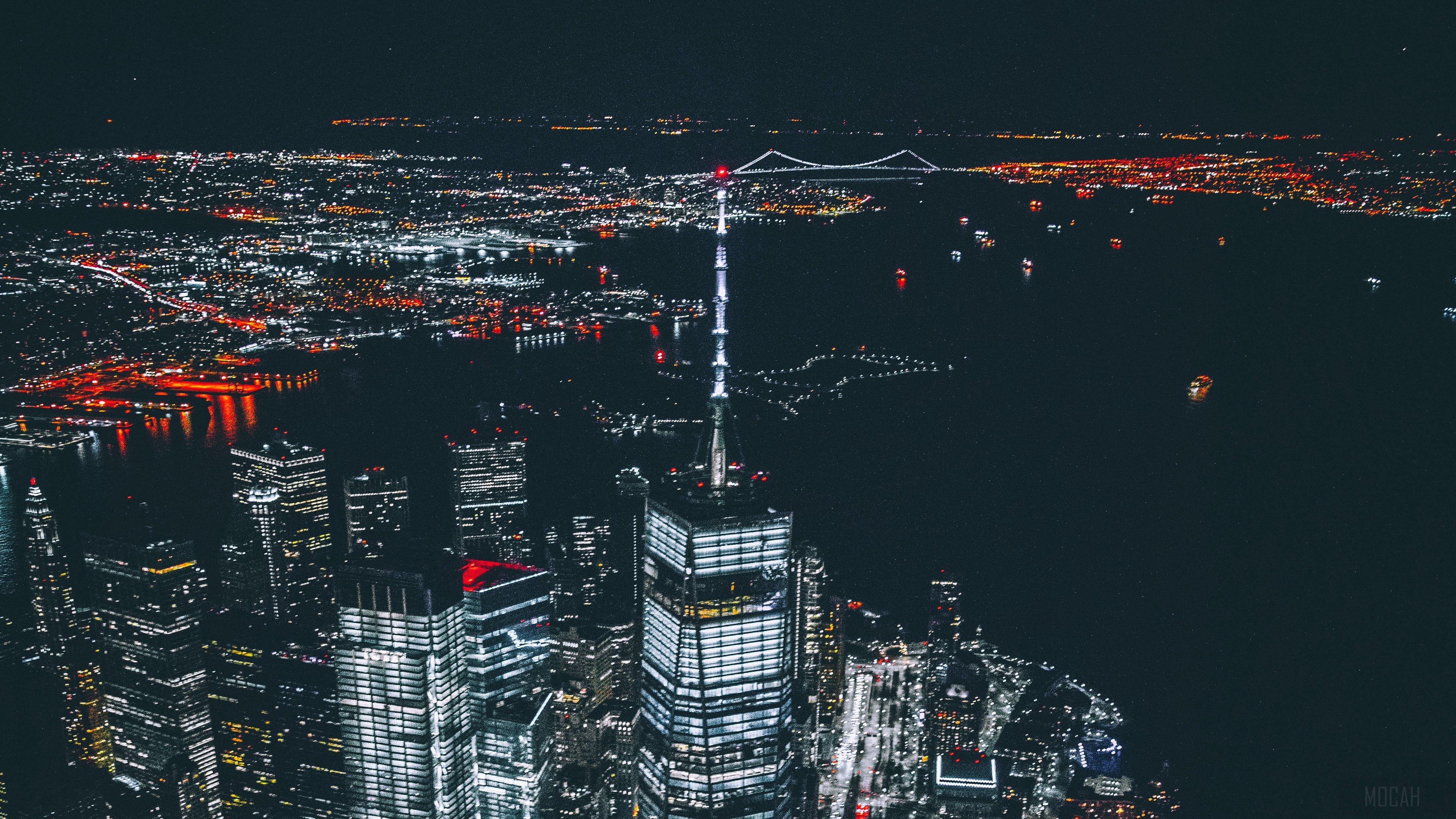 New York City skyscrapers at night with bridge HD Wallpaper