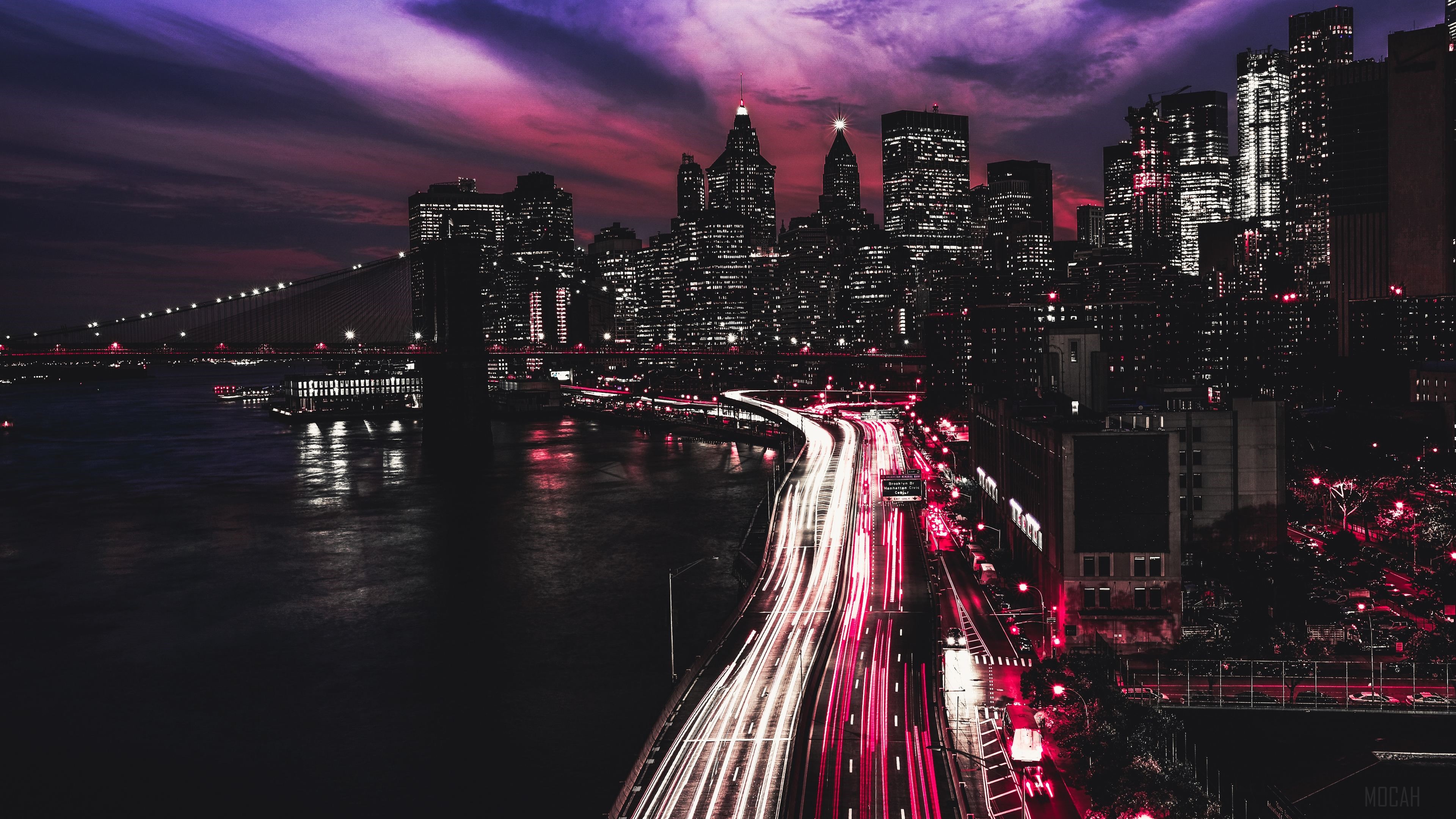 Manhattan City Skyline at Night with Bridge and Traffic HD Wallpaper
