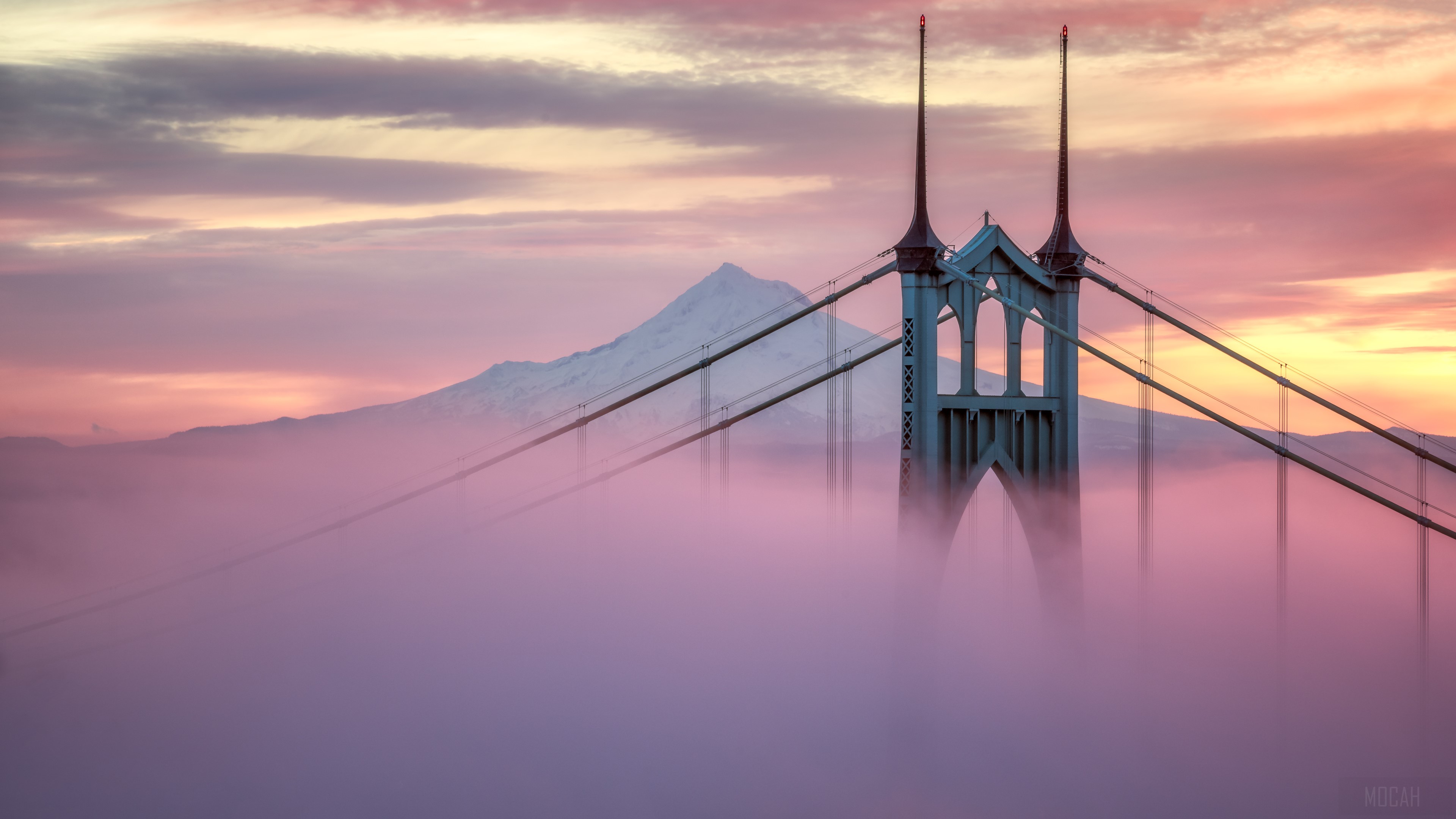 St. Johns Bridge and Mount Hood in Fog HD Wallpaper