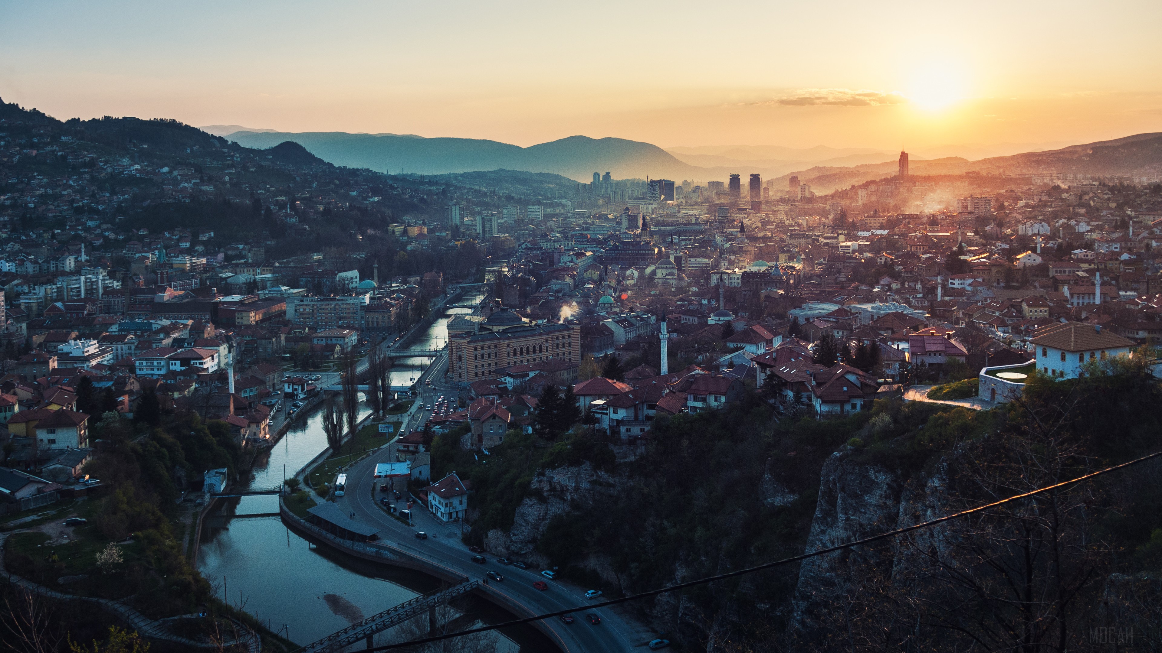 Sarajevo cityscape at sunset, Bosnia and Herzegovina 4K HD Wallpaper