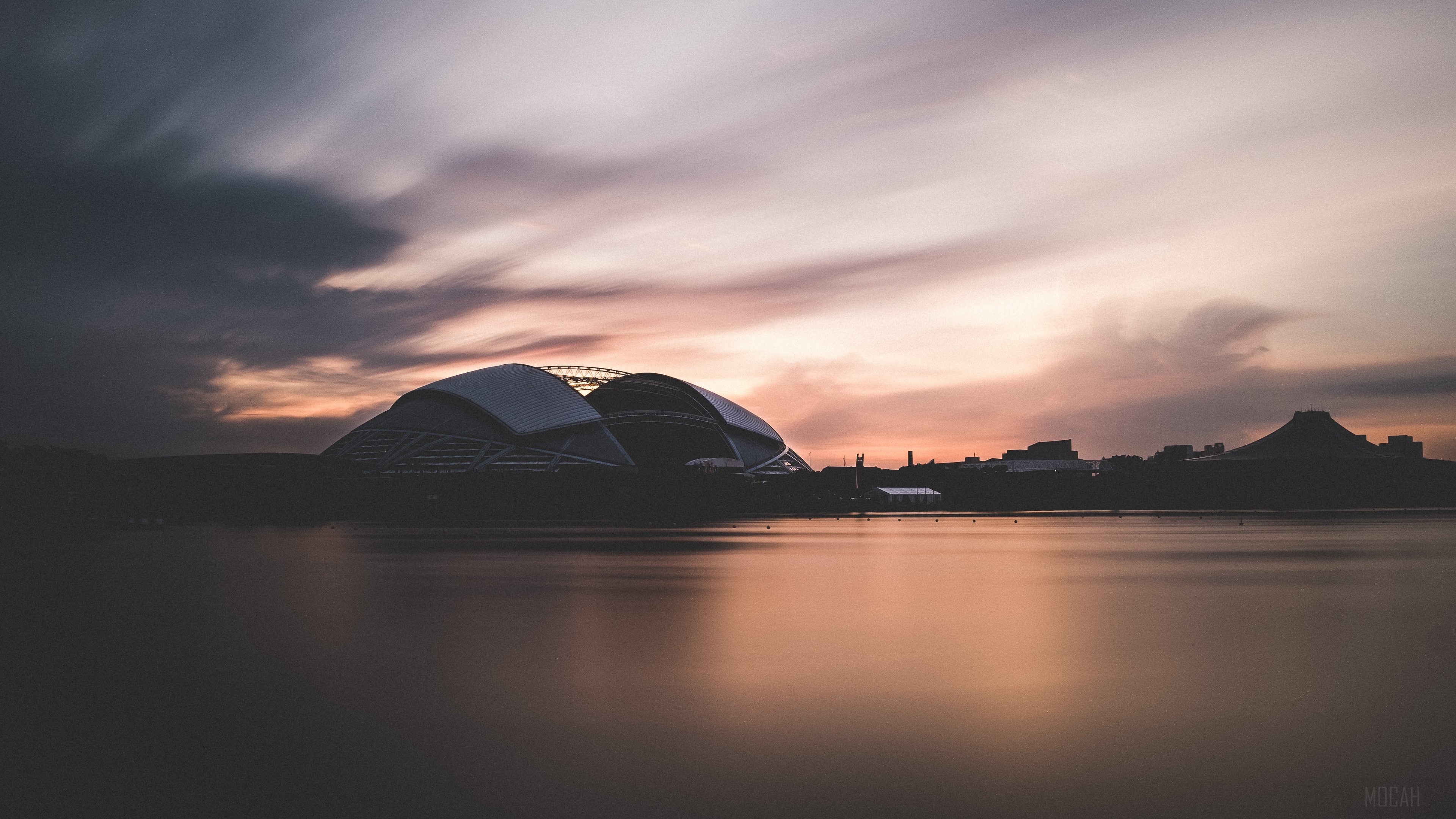 National Stadium Singapore at sunset with water HD Wallpaper