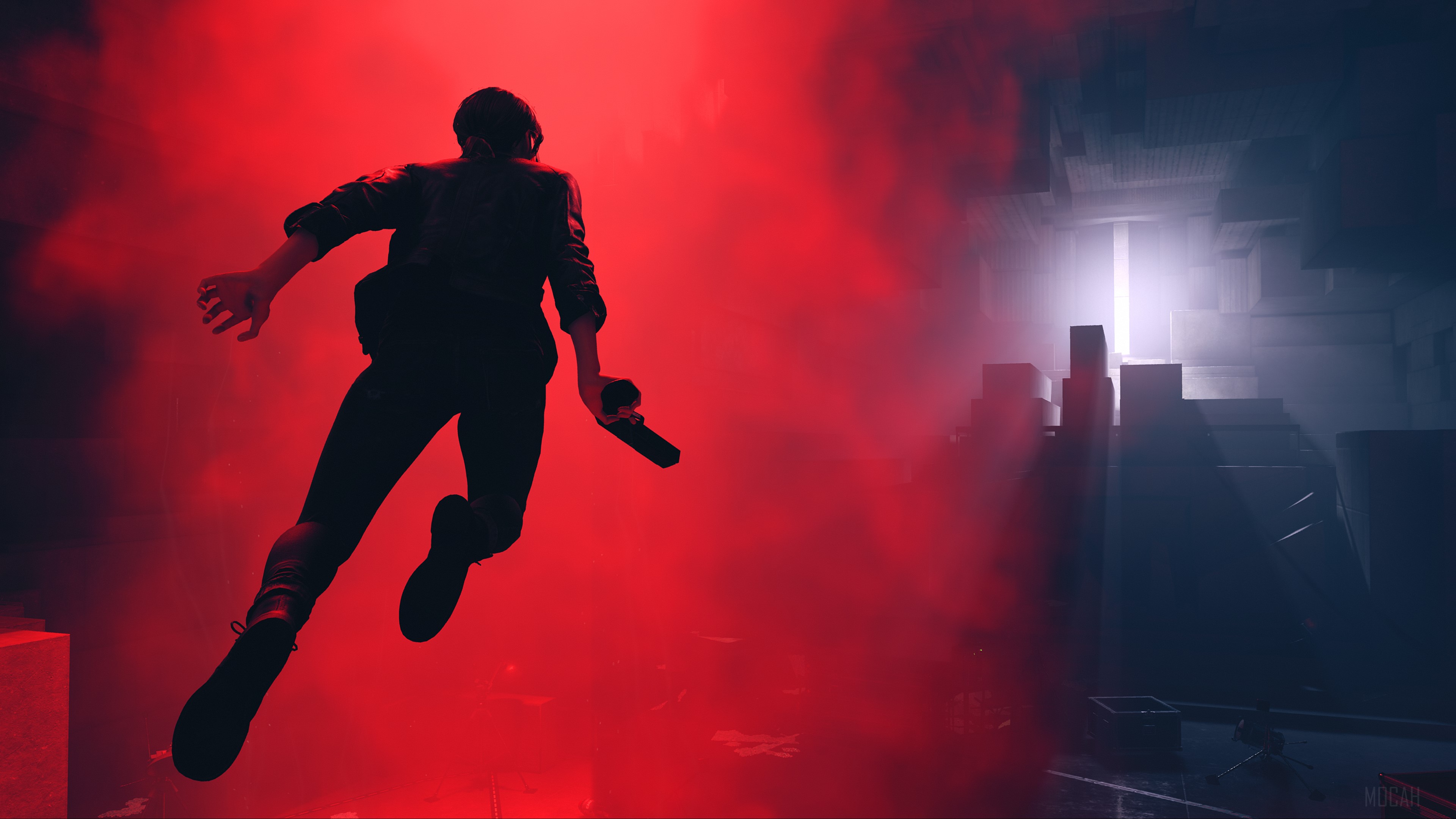 Jesse Faden from Control jumping in red smoke HD Wallpaper