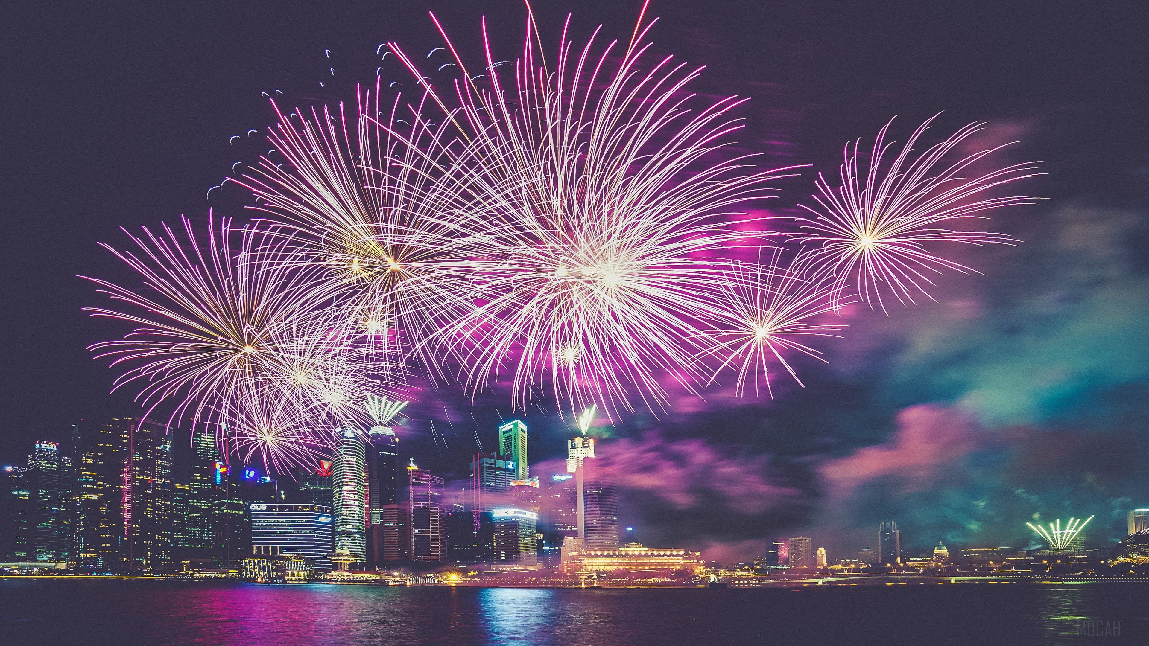 Singapore skyline with fireworks HD Wallpaper