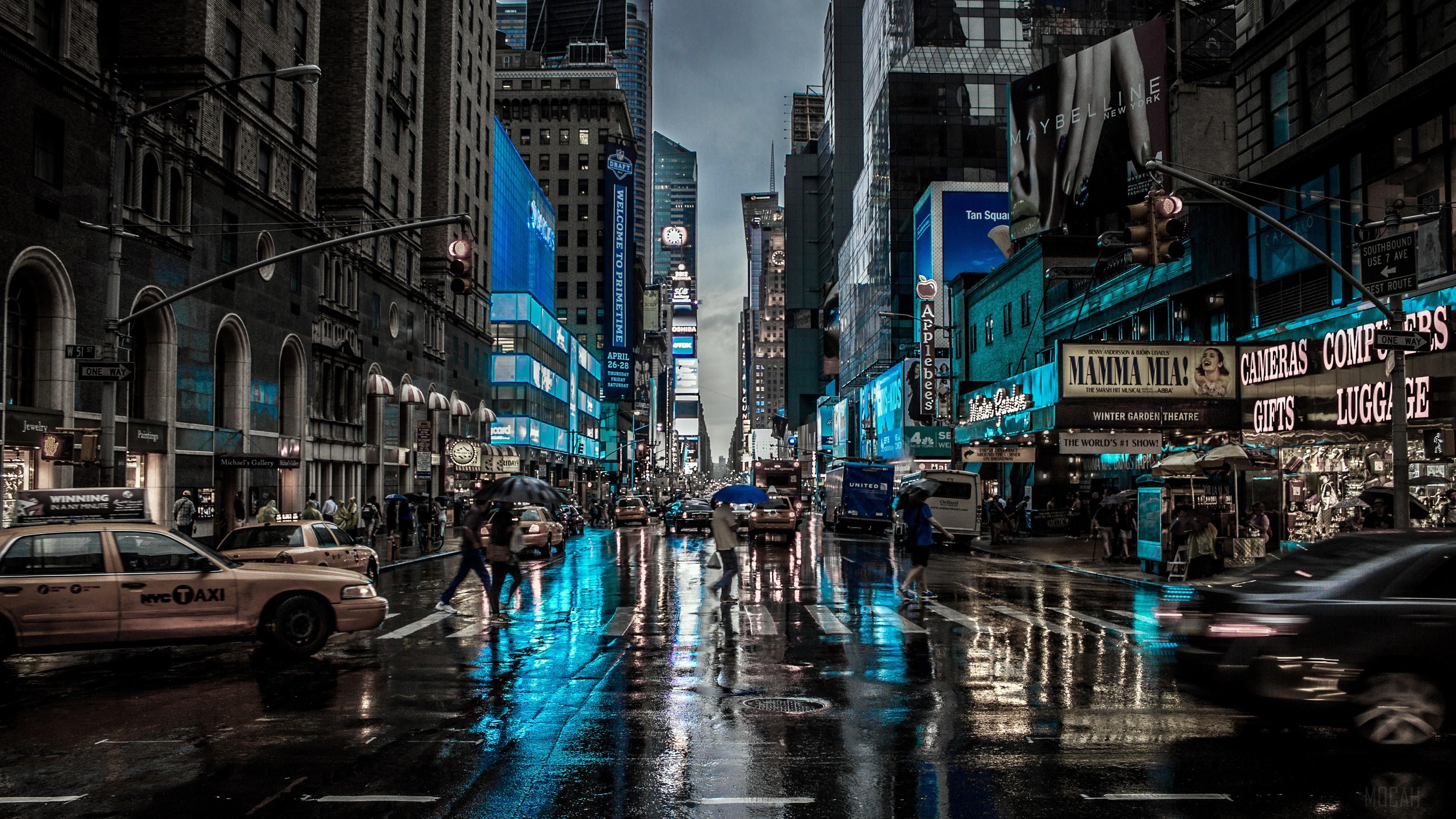 New York City Street at Night with Reflections HD Wallpaper