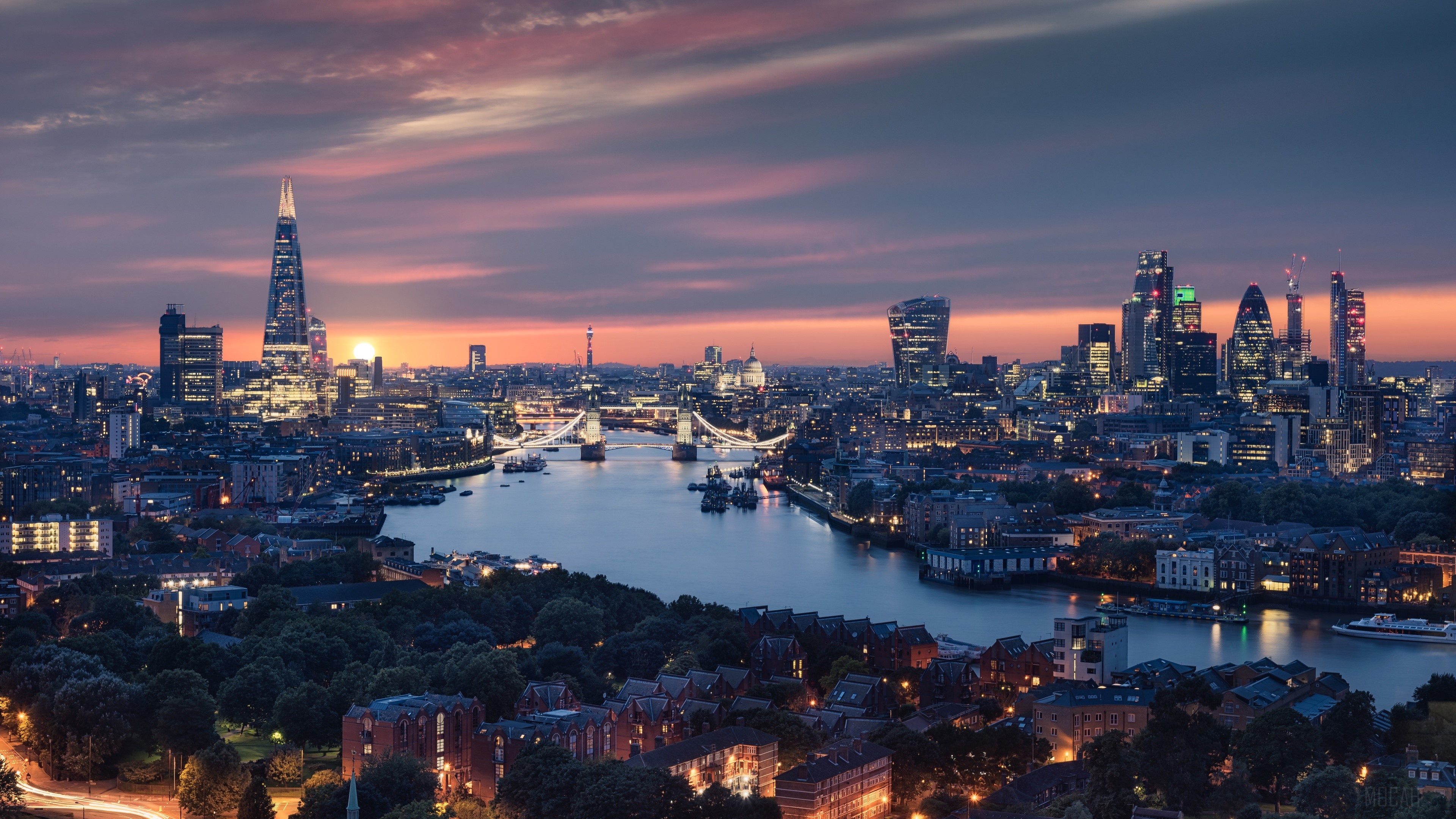 London City Skyline with River Thames at Sunset 4K HD Wallpaper