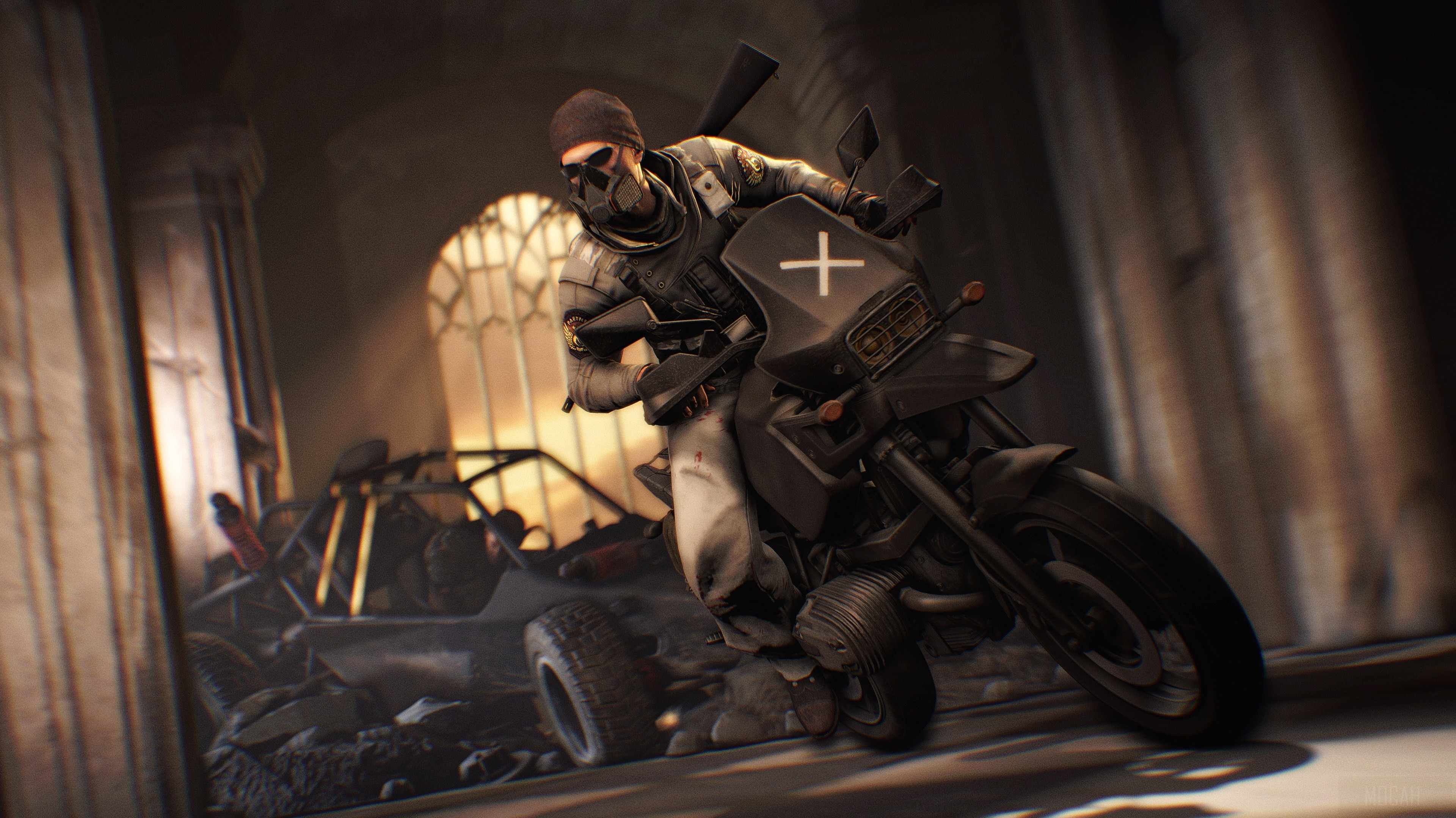 PUBG Rider on Motorcycle in Ruined Building 4K HD Wallpaper